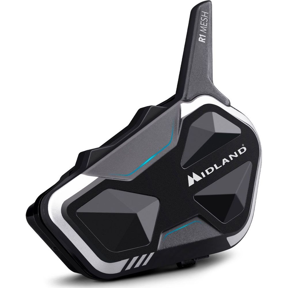Czarny komunikator Midland R1 Mesh ze srebrnymi akcentami i niebieskimi światłami.