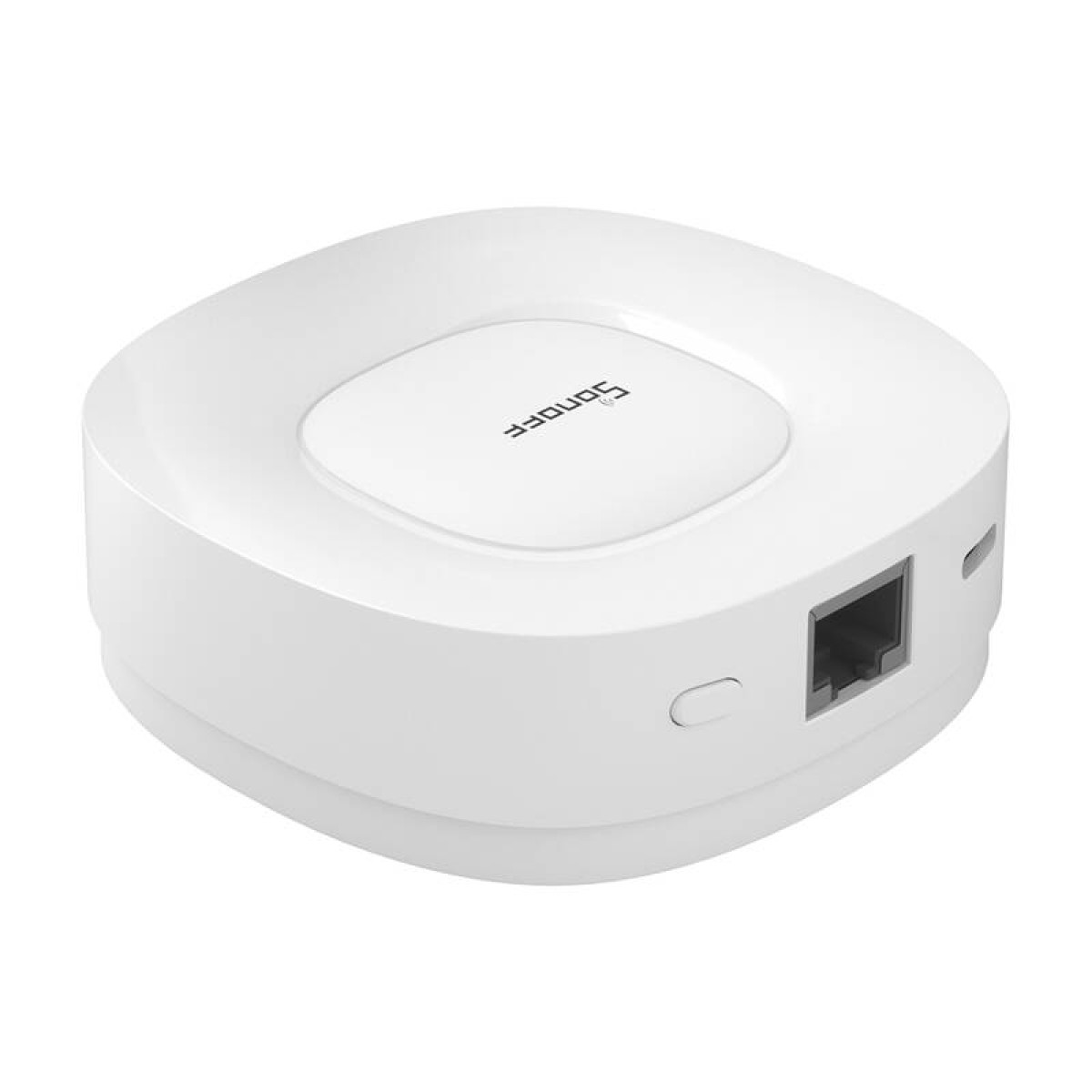 Un concentrador SONOFF blanco y redondo con puerto Ethernet y un botón.