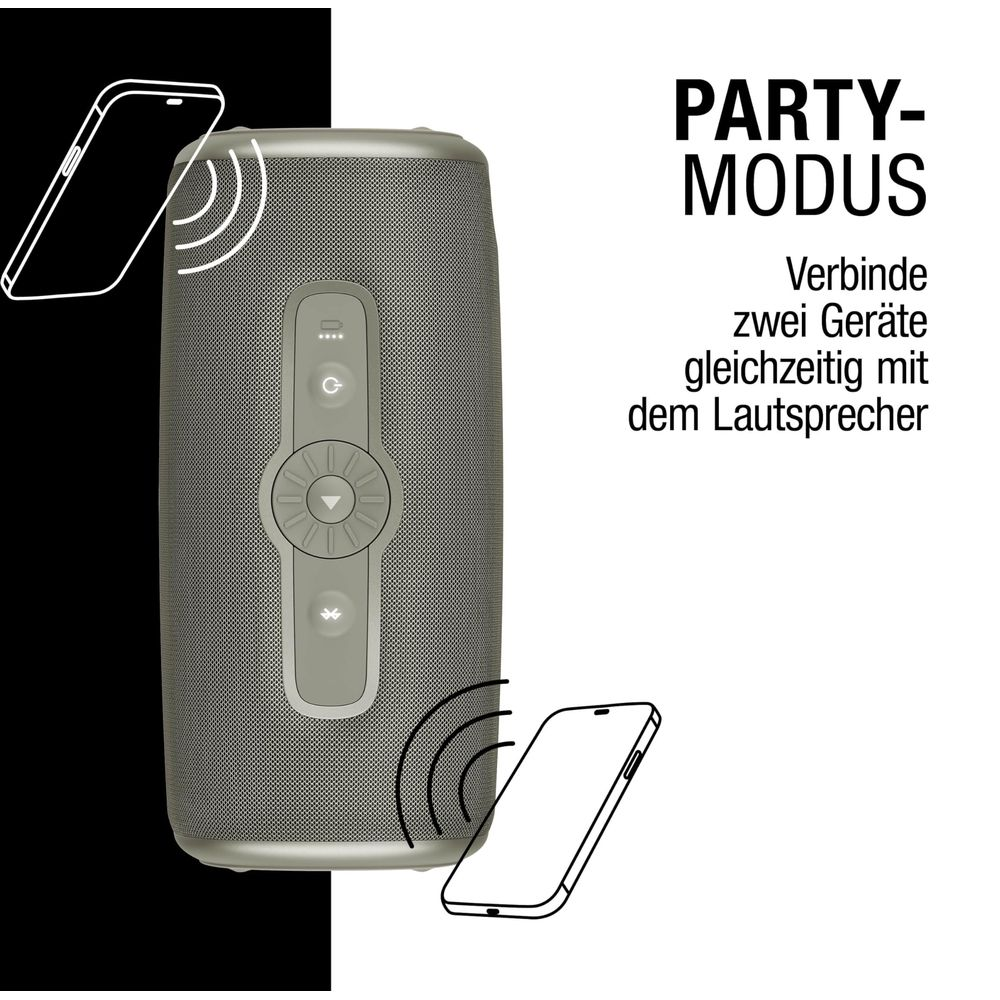 Grauer Lautsprecher mit Bedienelementen und Symbolen von zwei Smartphones.
