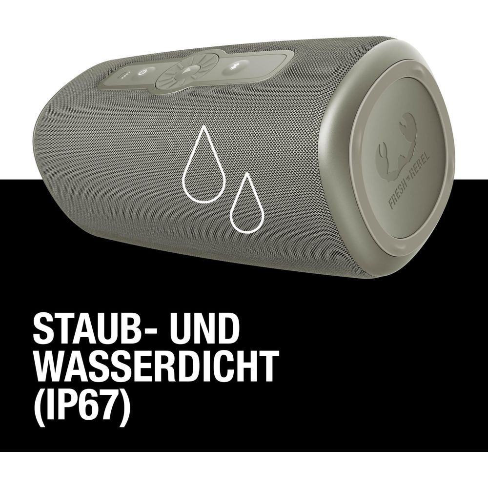 Grauer Lautsprecher mit Wassertropfensymbol und "STAUB- UND WASSERDICHT (IP67)"