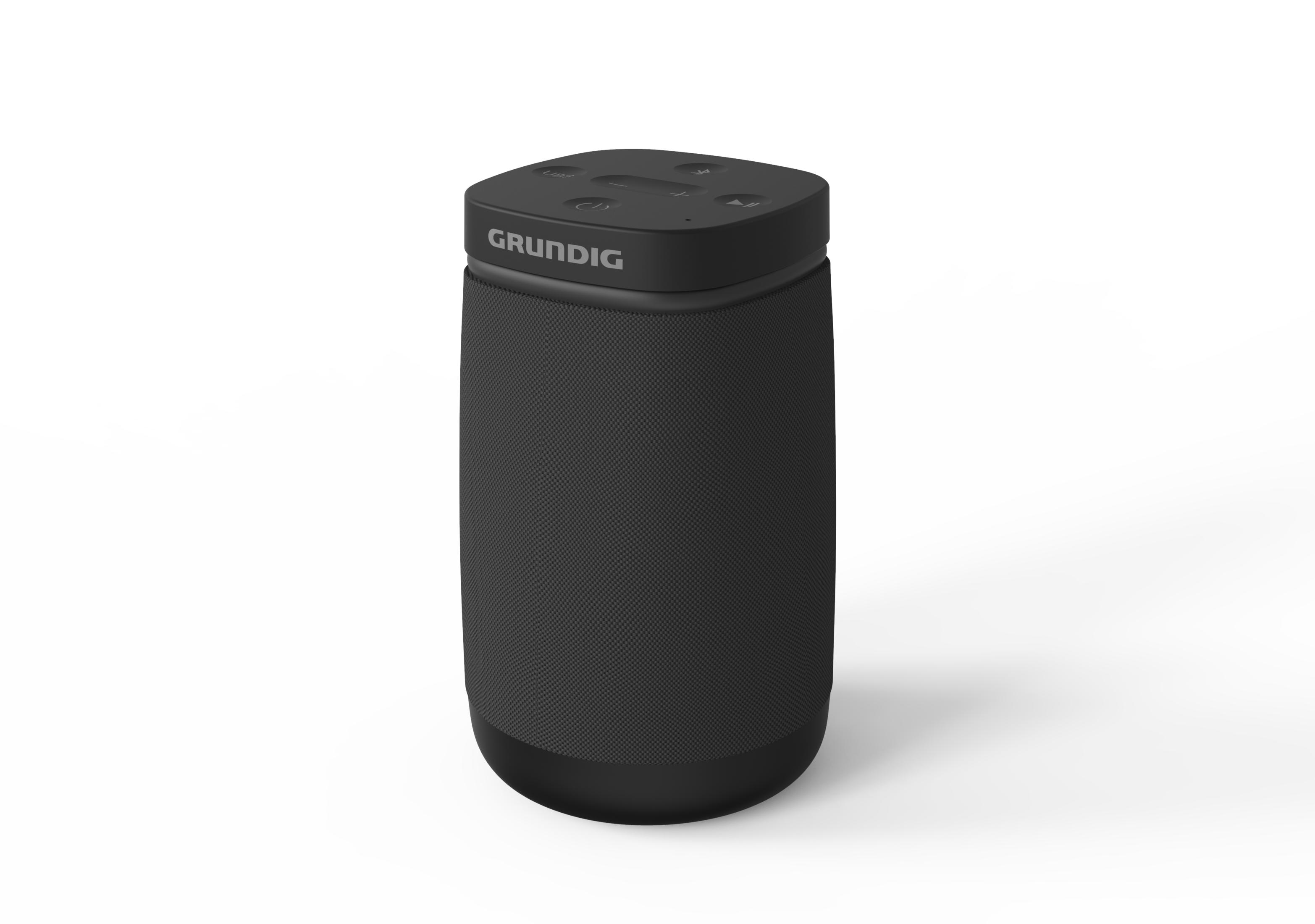 Altoparlante cilindrico nero con logo Grundig e pulsanti di controllo in cima.
