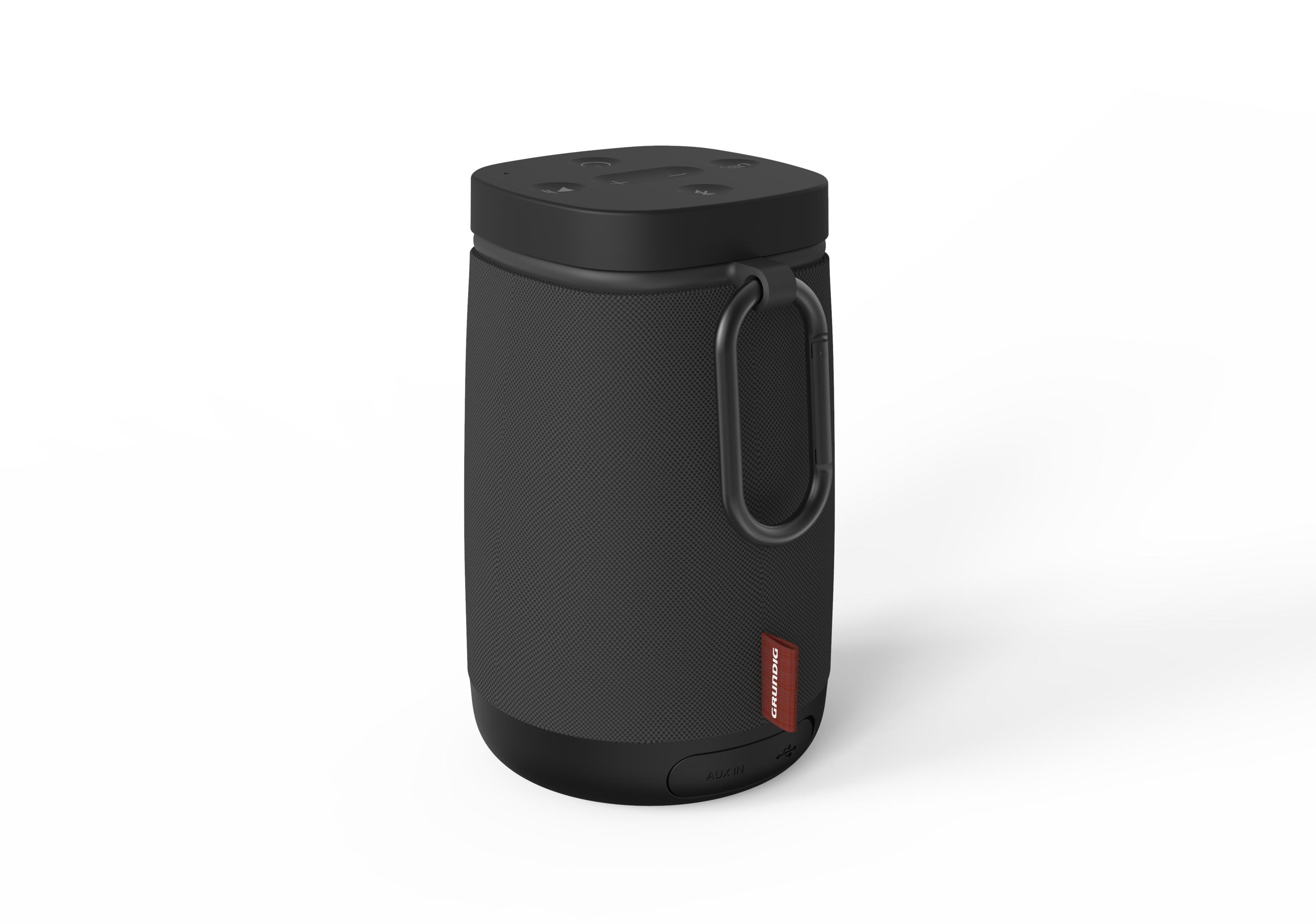 Altoparlante portatile nero con moschettone argentato e logo GRUNDIG rosso.