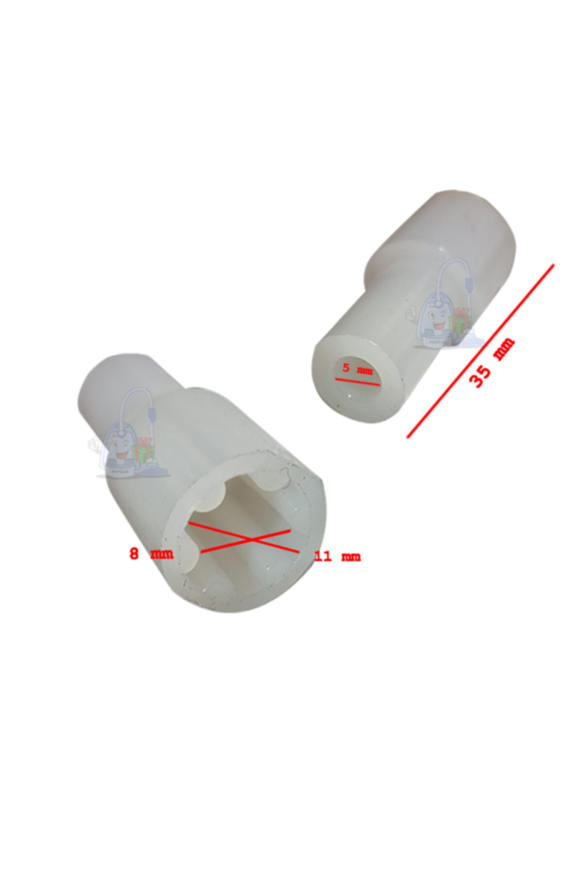 İki beyaz plastik parça, biri 5mm ve 35mm boyutlarında.