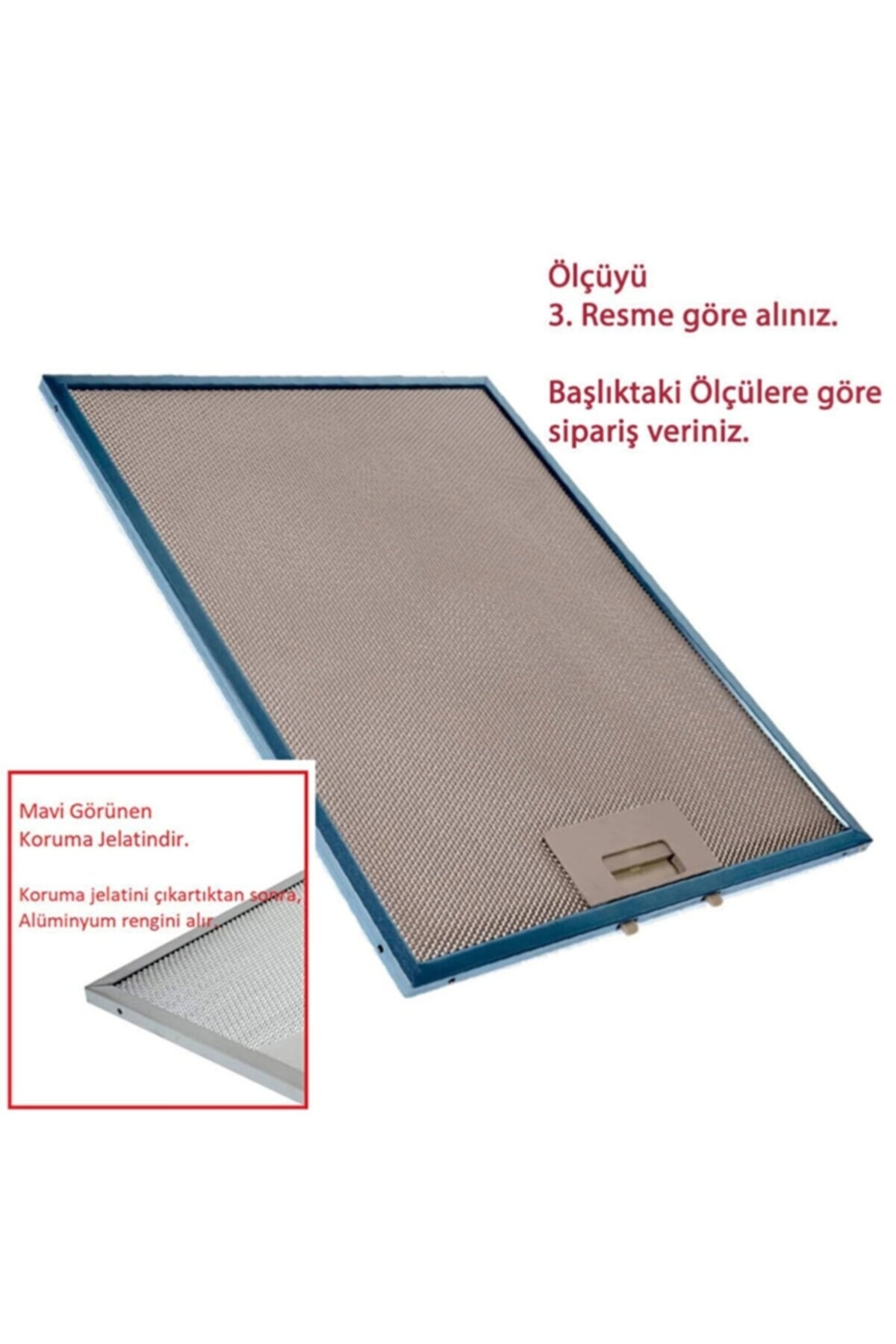 Çıkarılabilir mavi koruyucu film kaplı davlumbaz filtresi.