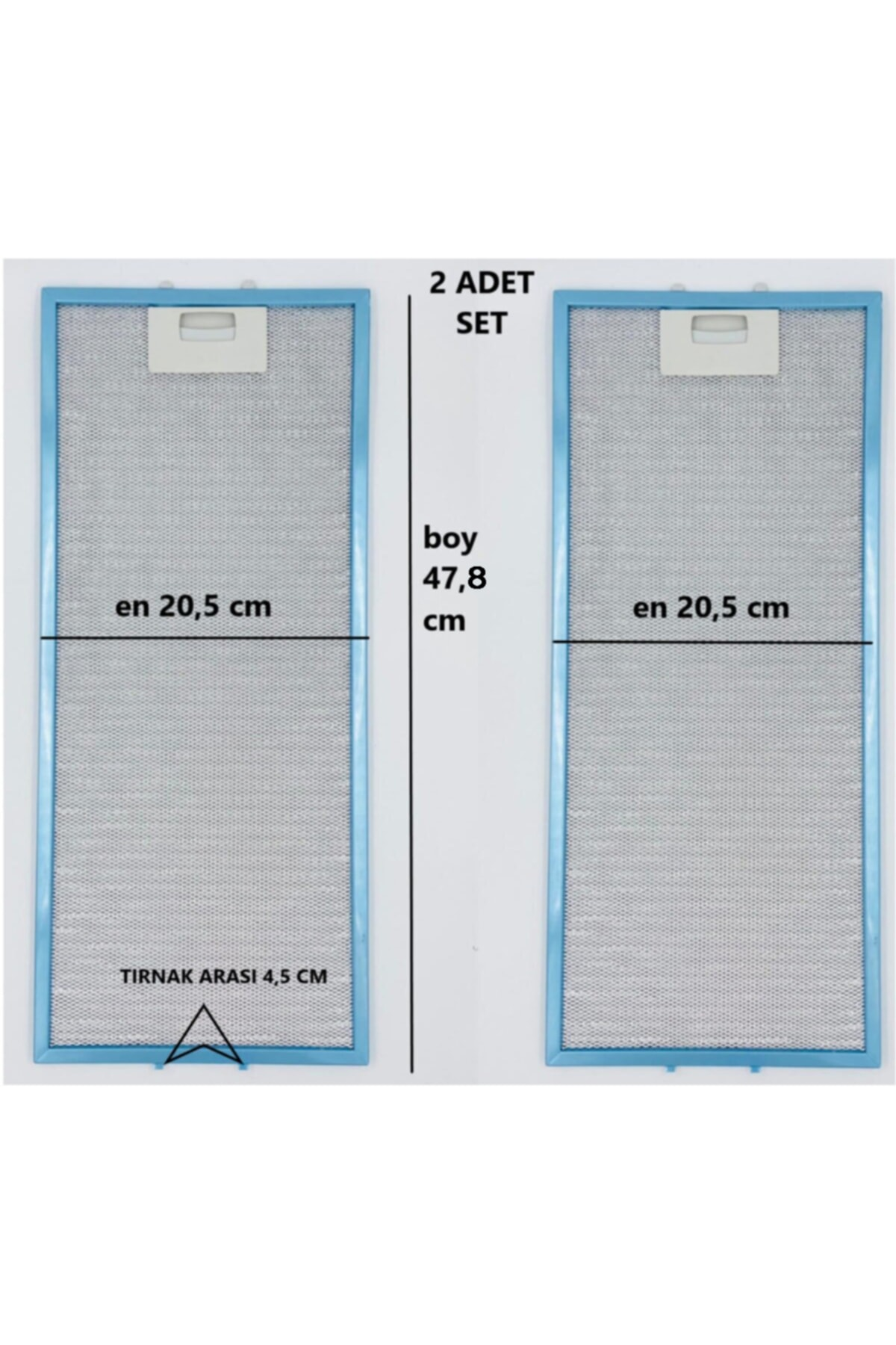 Mavi çerçeveli iki metal davlumbaz filtresi, boyutları 20,5x47,8 cm.