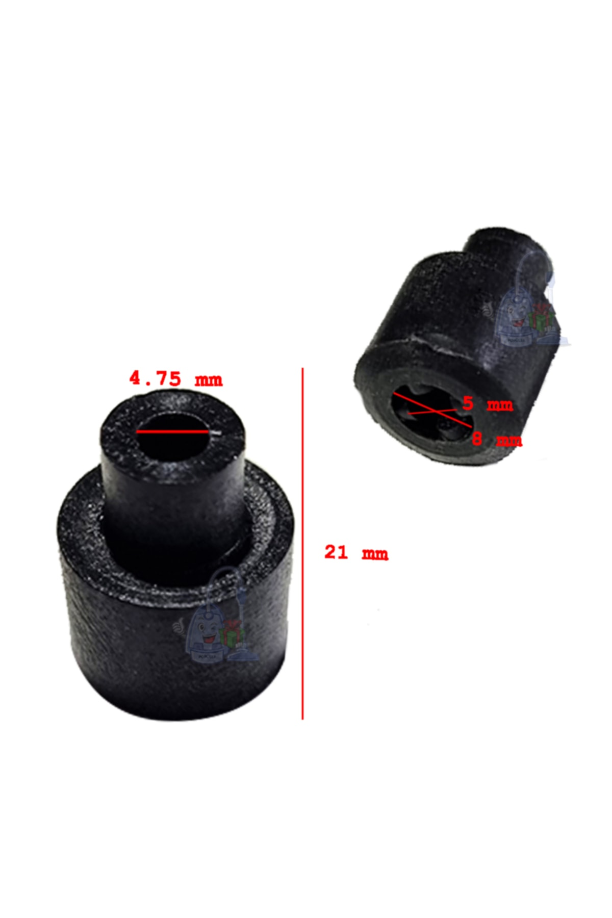 4,75 mm, 5 mm, 8 mm ve 21 mm boyutlarında siyah lastik tıpa.