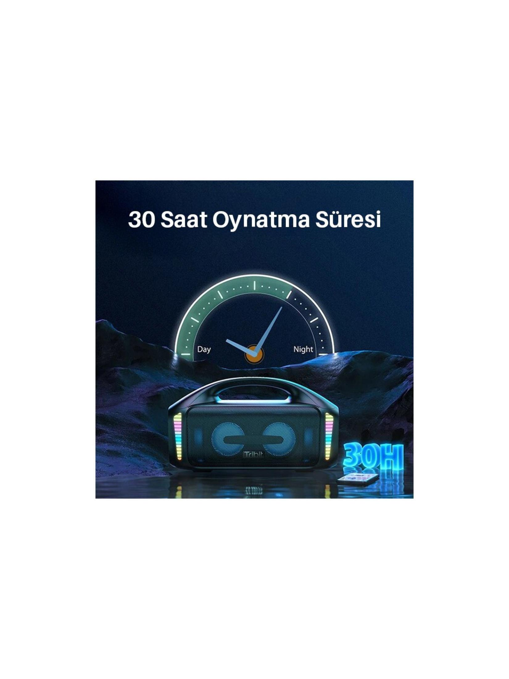 Renkli ışıklı, saat göstergeli siyah Bluetooth hoparlör.