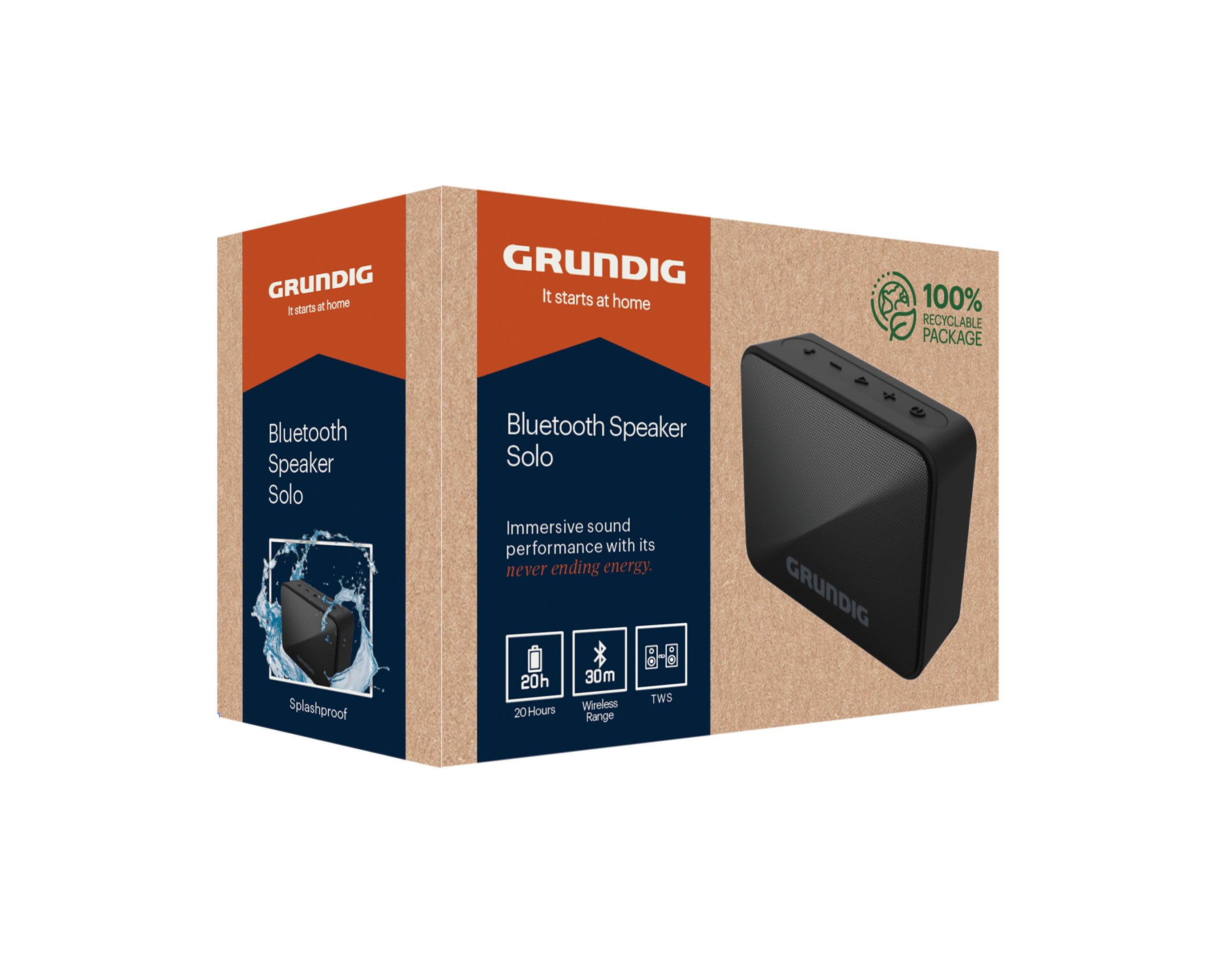 Siyah Grundig Bluetooth Hoparlör Solo, simgeli ambalaj üzerinde.