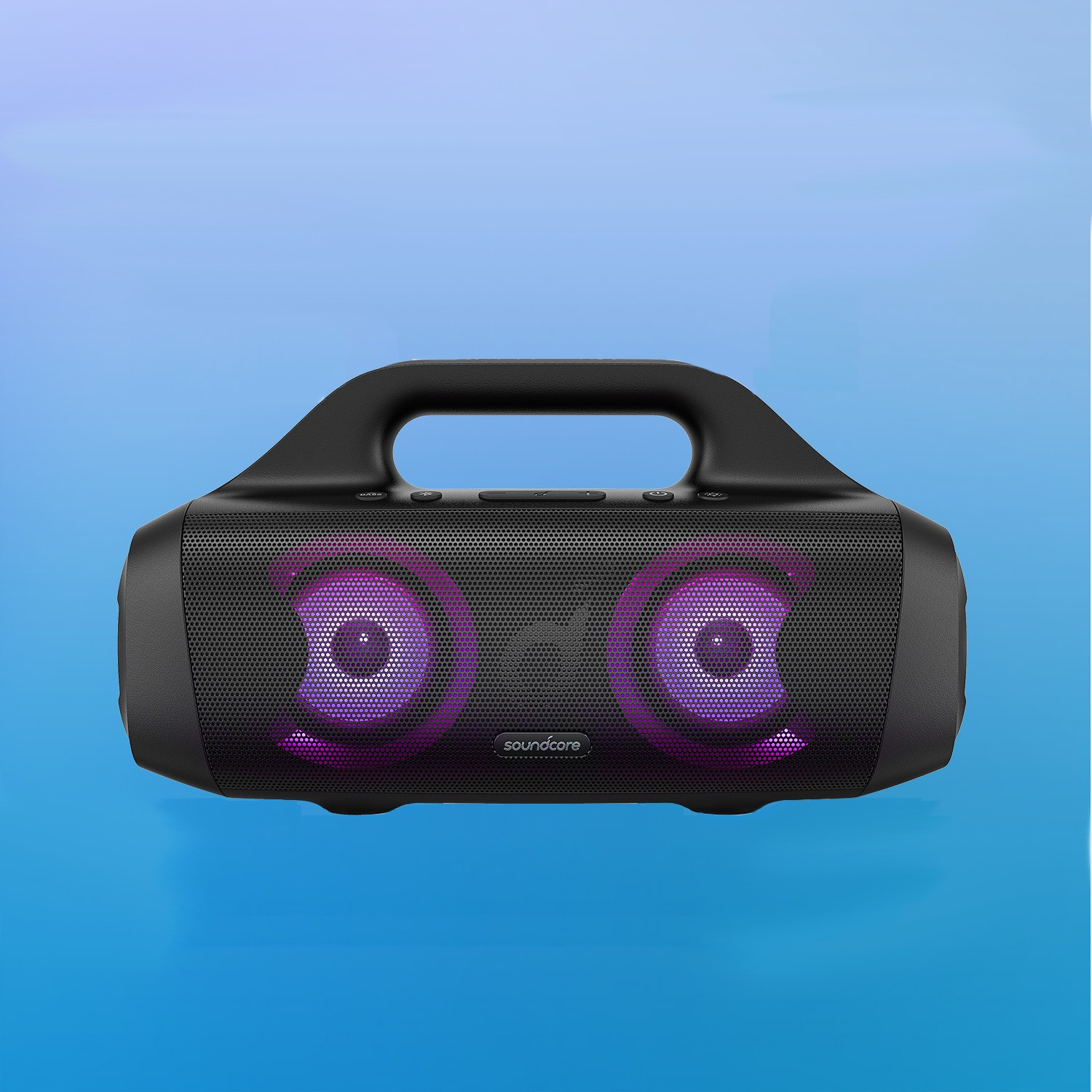 Siyah taşınabilir Bluetooth hoparlör, tutamaklı ve mor ışıklı, mavi arka plan üzerinde.