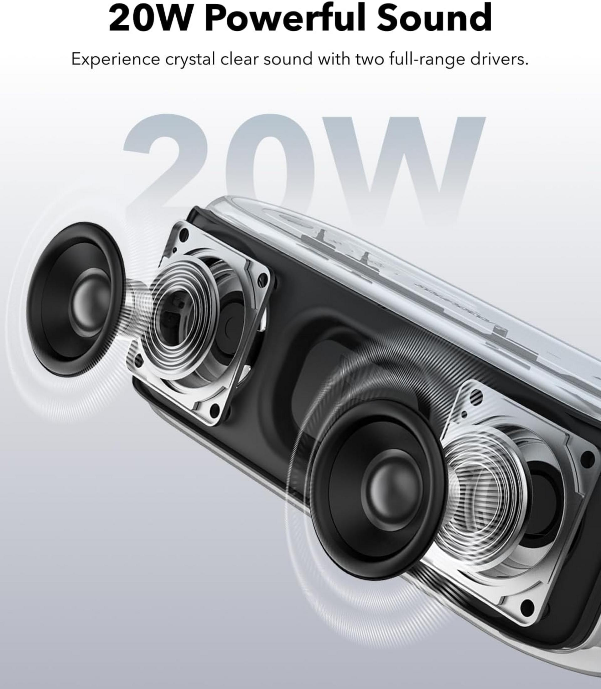 Primo piano di due driver di altoparlanti di un sistema audio da 20W con effetti ondulatori.