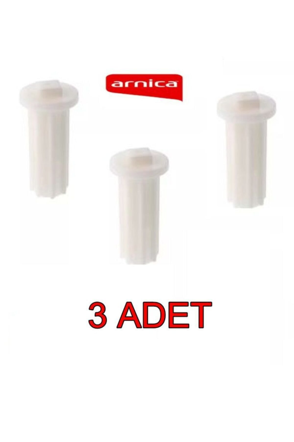 Üç beyaz plastik parça ve kırmızı Arnica logosu.