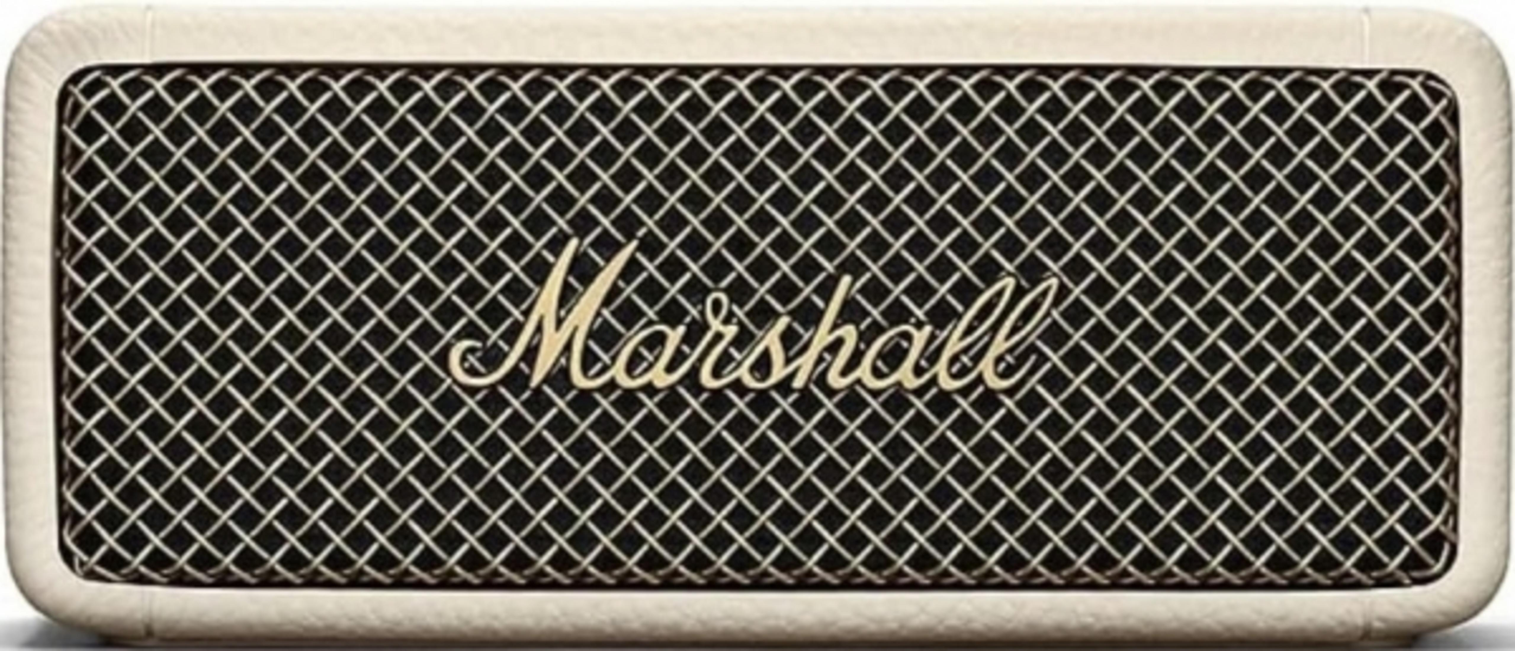 Uno speaker Marshall color crema con griglia nera e logo dorato.