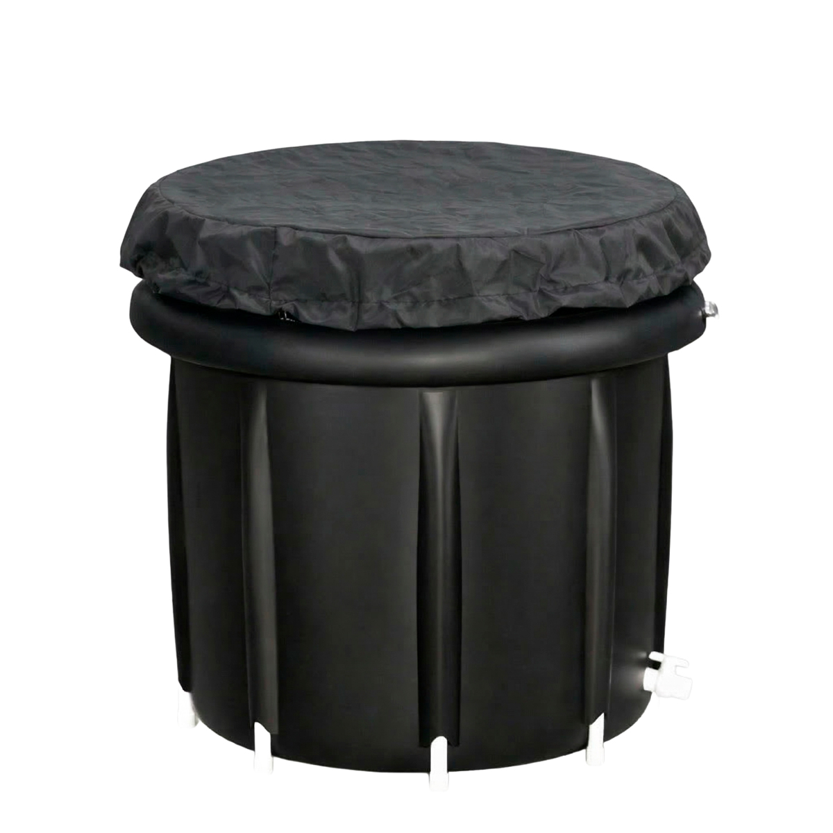 Schwarze Trommel mit aufblasbarem Rand und Stoffabdeckung, weiße Füße.