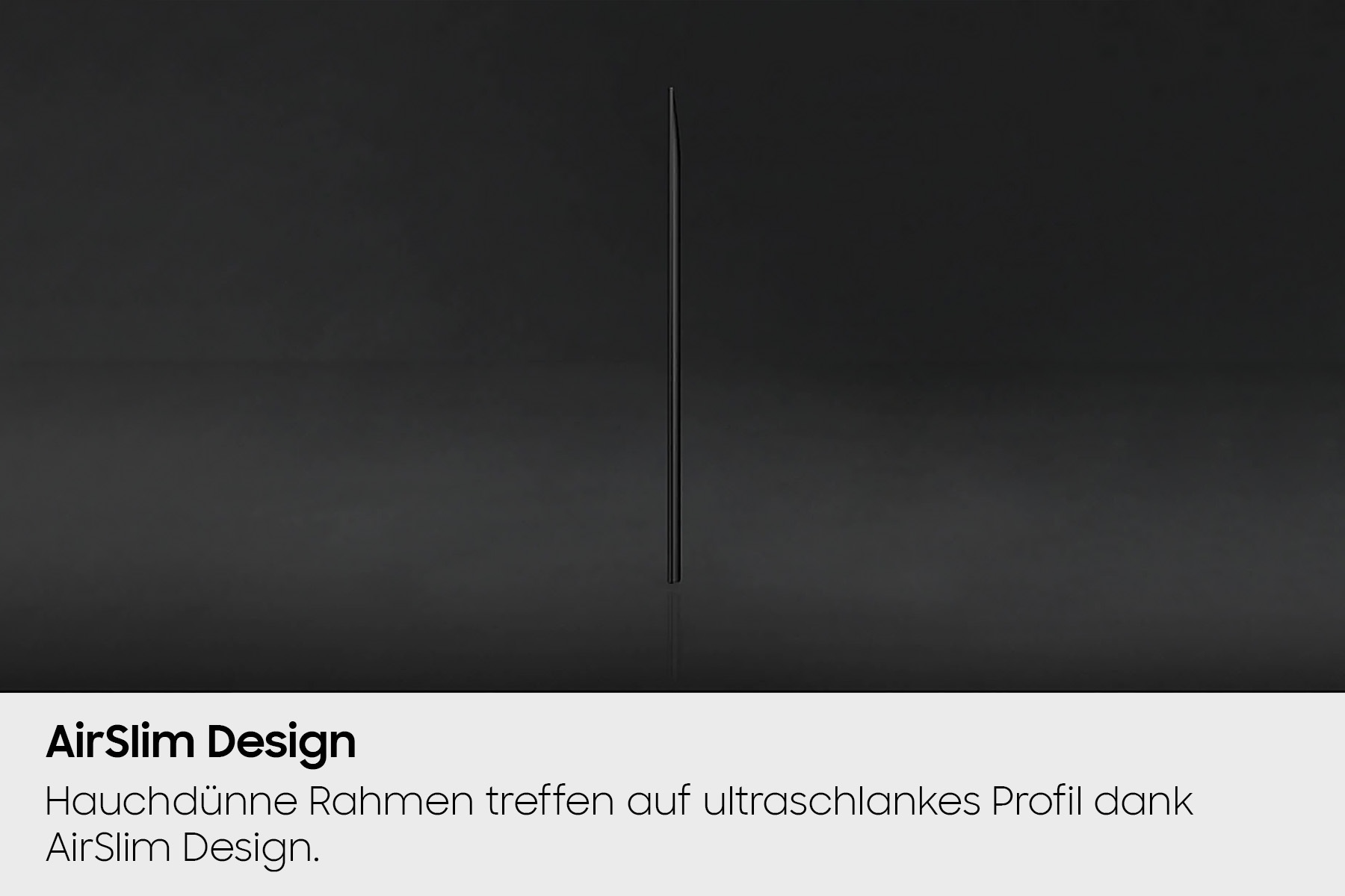 Niezwykle cienki czarny telewizor z designem AirSlim na ciemnym tle.