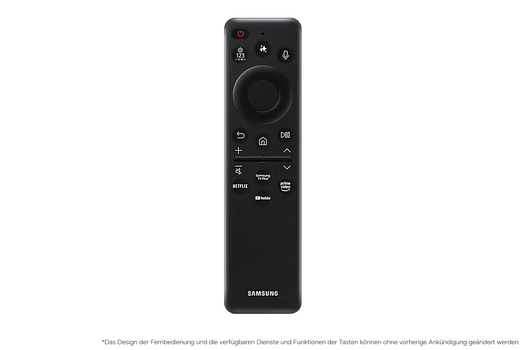 Czarny pilot Samsung TV z przyciskami Netflix, Prime Video, YouTube.