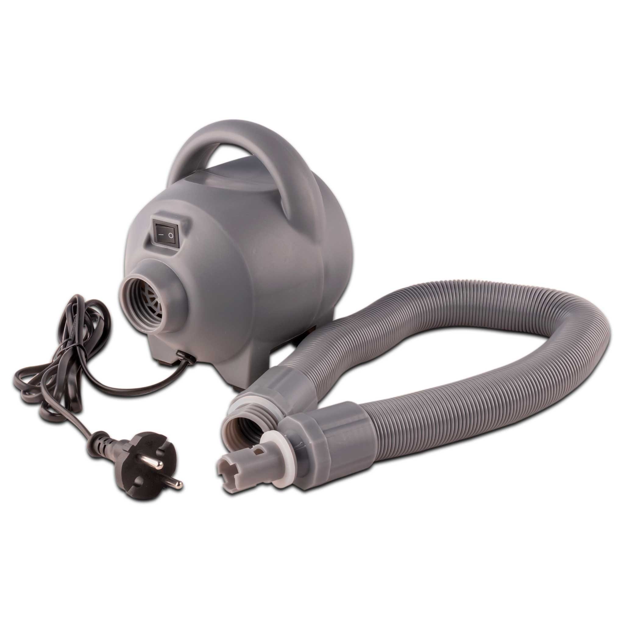 Szara dmuchawa elektryczna z wężem i kablem.