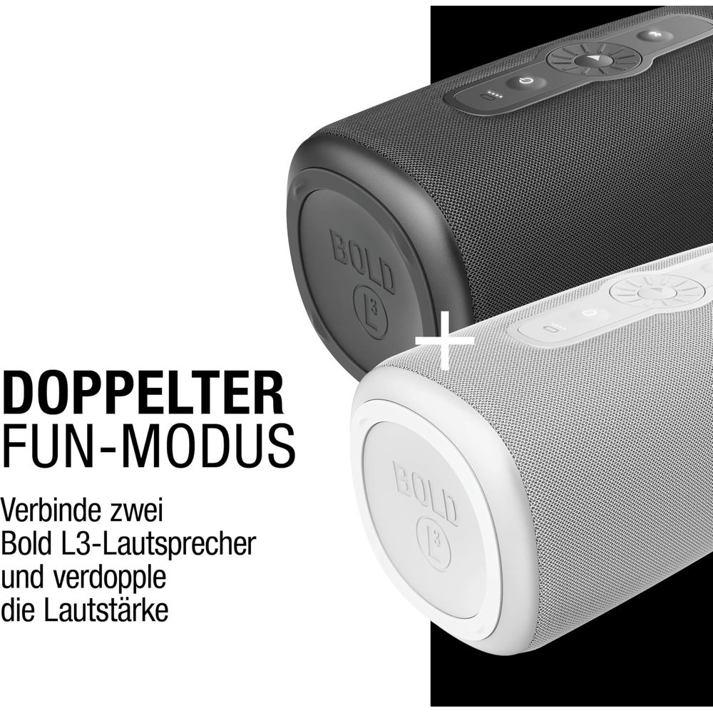 Zwei BOLD L3 Lautsprecher, schwarz und weiß, werden verbunden.