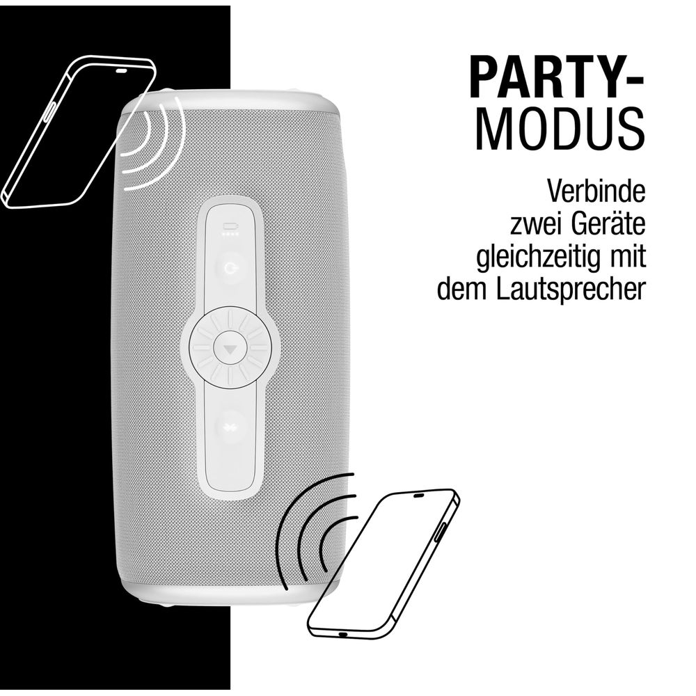 Weißer Lautsprecher mit zwei Smartphone-Symbolen und dem Text PARTY-MODUS.