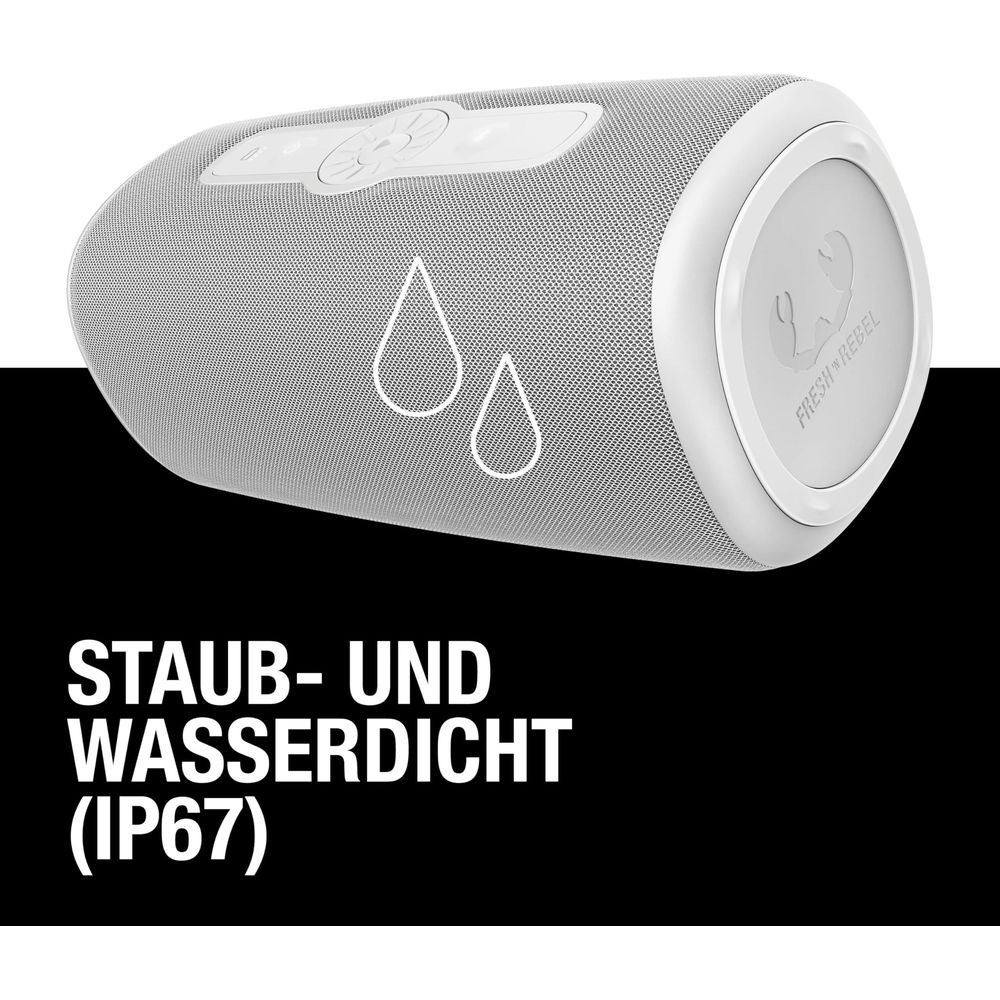 Ein weißer, staub- und wasserdichter Lautsprecher mit IP67-Bewertung.