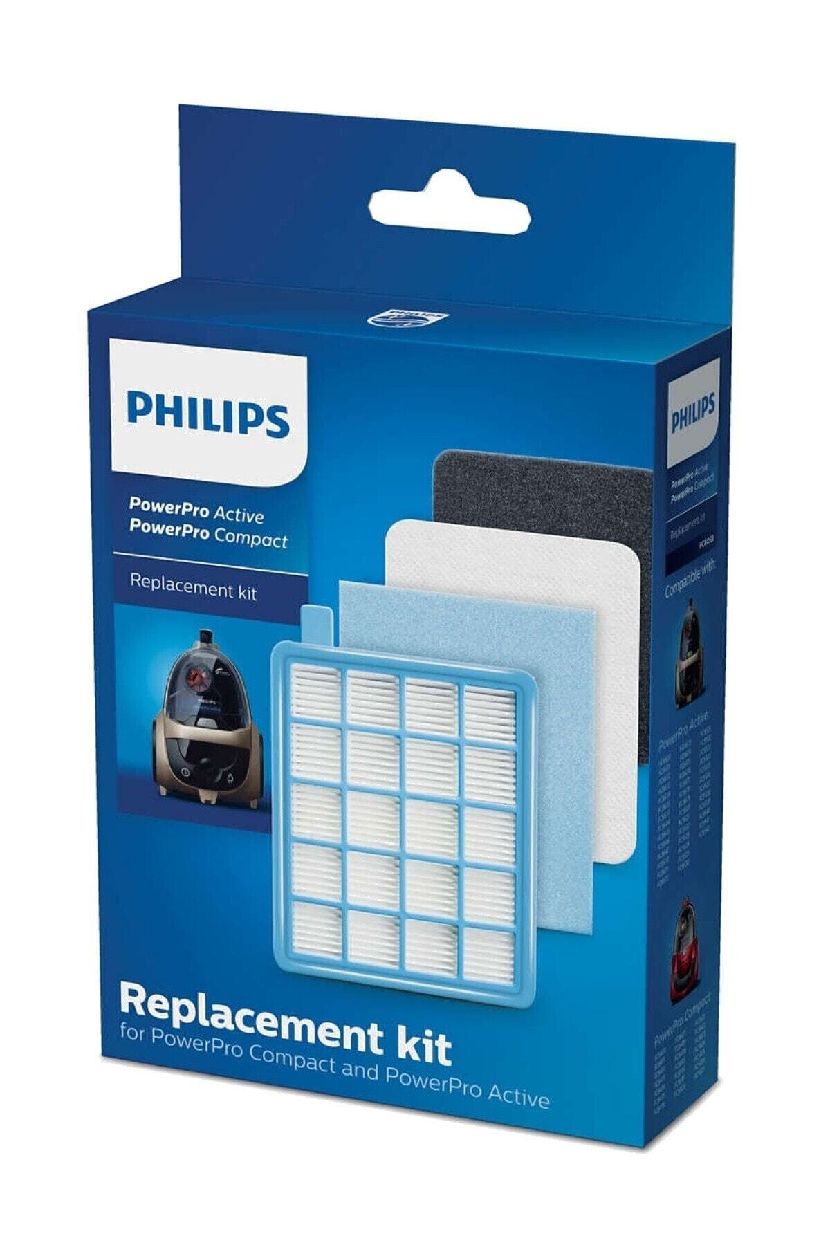 Philips PowerPro elektrikli süpürge yedek filtre seti, filtreler ve resim içerir.