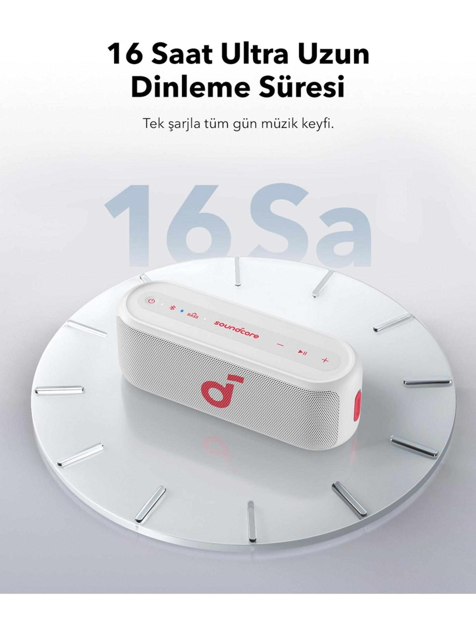 Altoparlante bianco con accenti rossi su superficie riflettente, 16 ore di batteria.