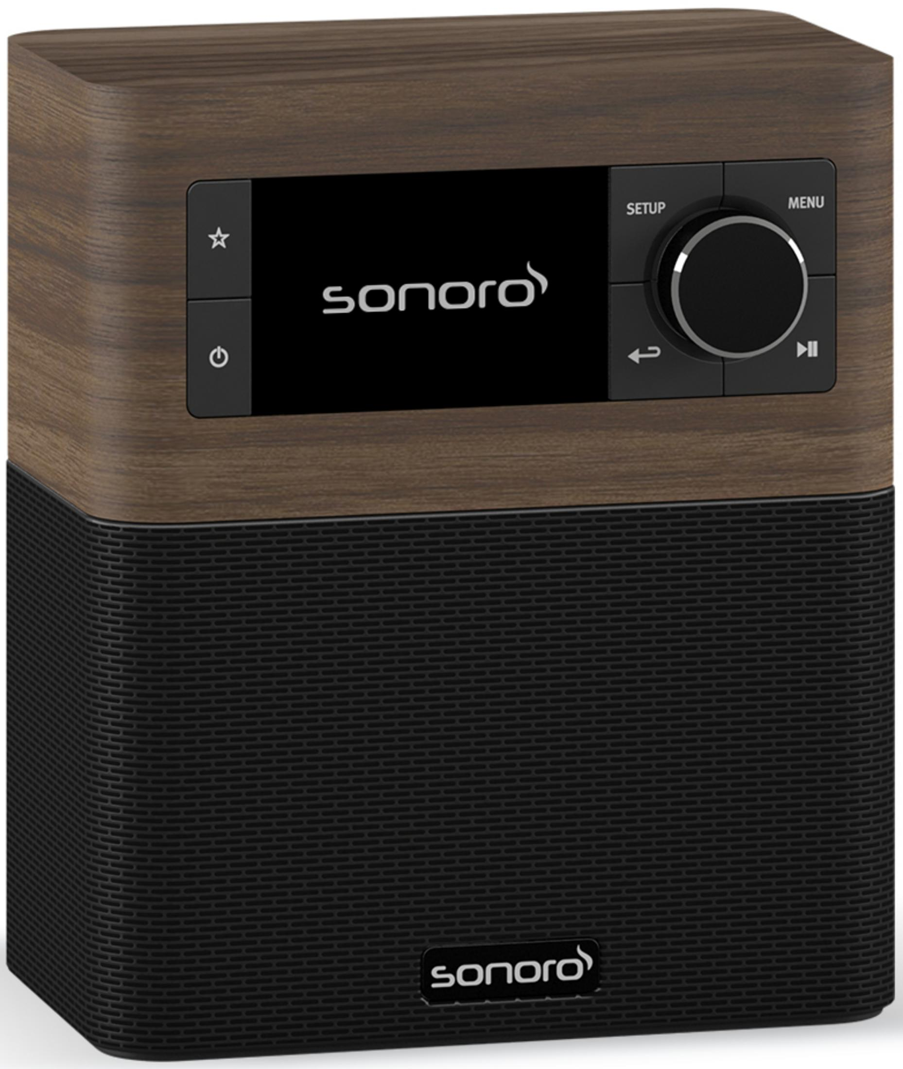 Ein Holz-Radio mit schwarzem Lautsprechergitter und Bedienfeld.