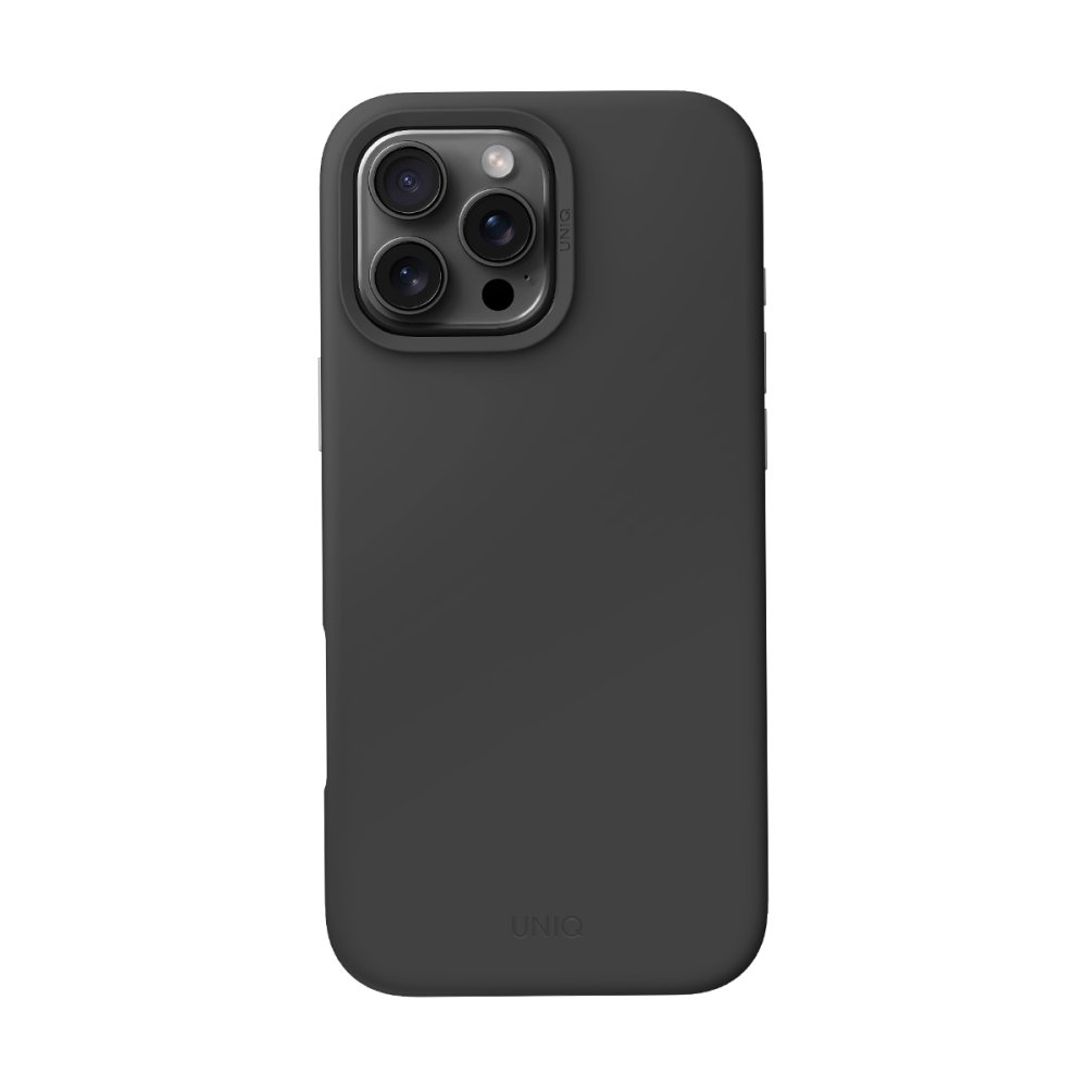 Üçlü kamera açıklığına sahip koyu gri telefon kılıfı.