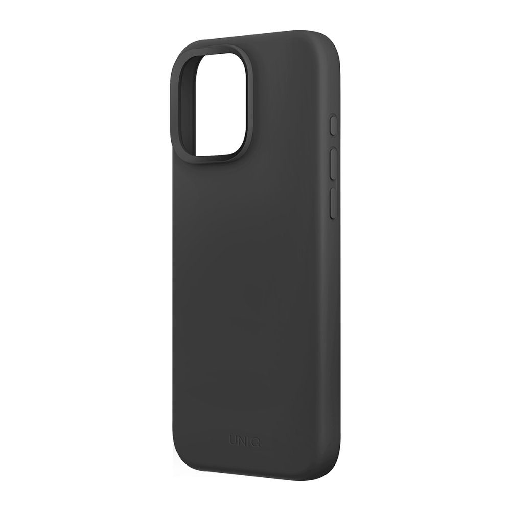 Kamera ve düğmeler için kesikleri olan siyah telefon kılıfı.