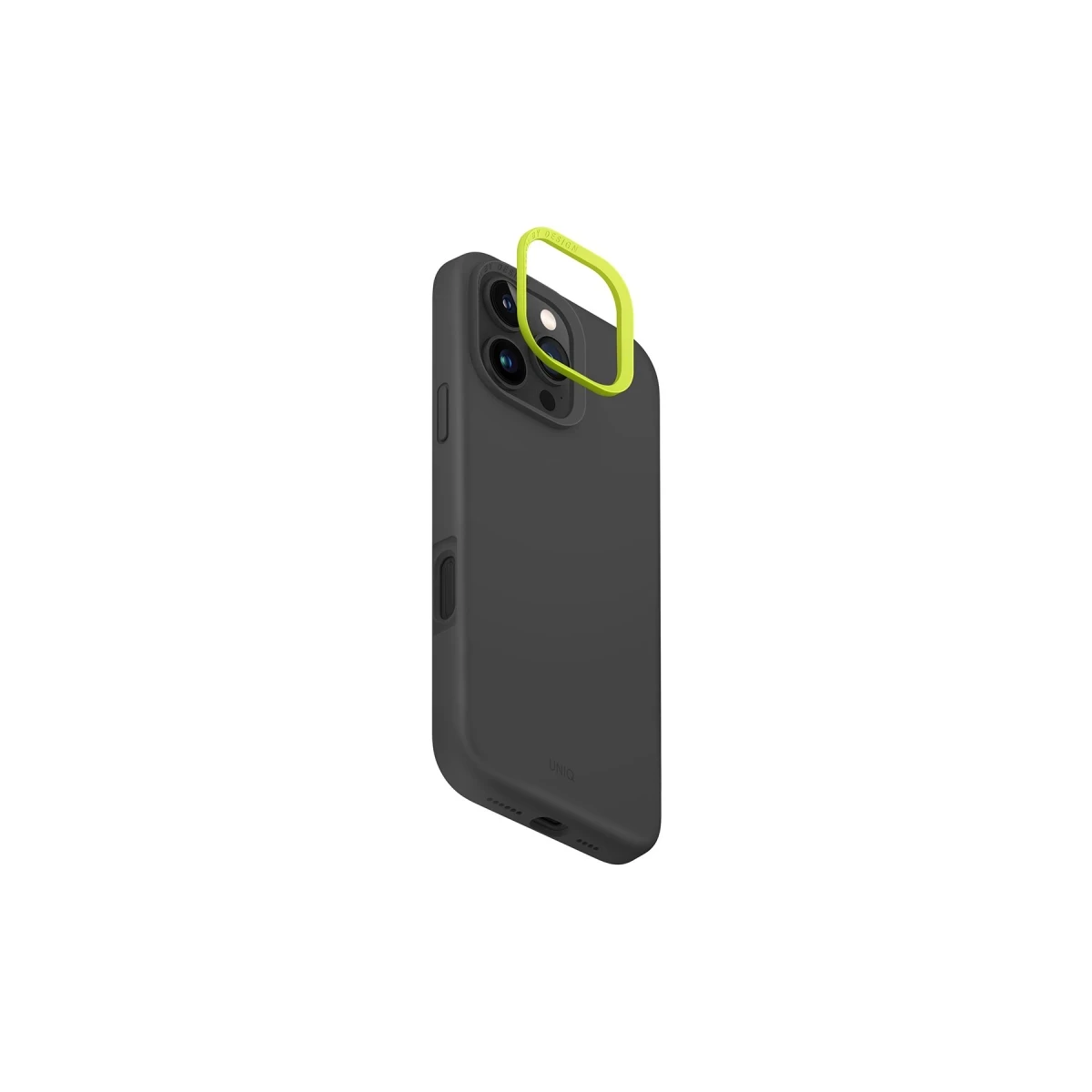 Neon yeşili lens korumalı koyu gri telefon kılıfı.
