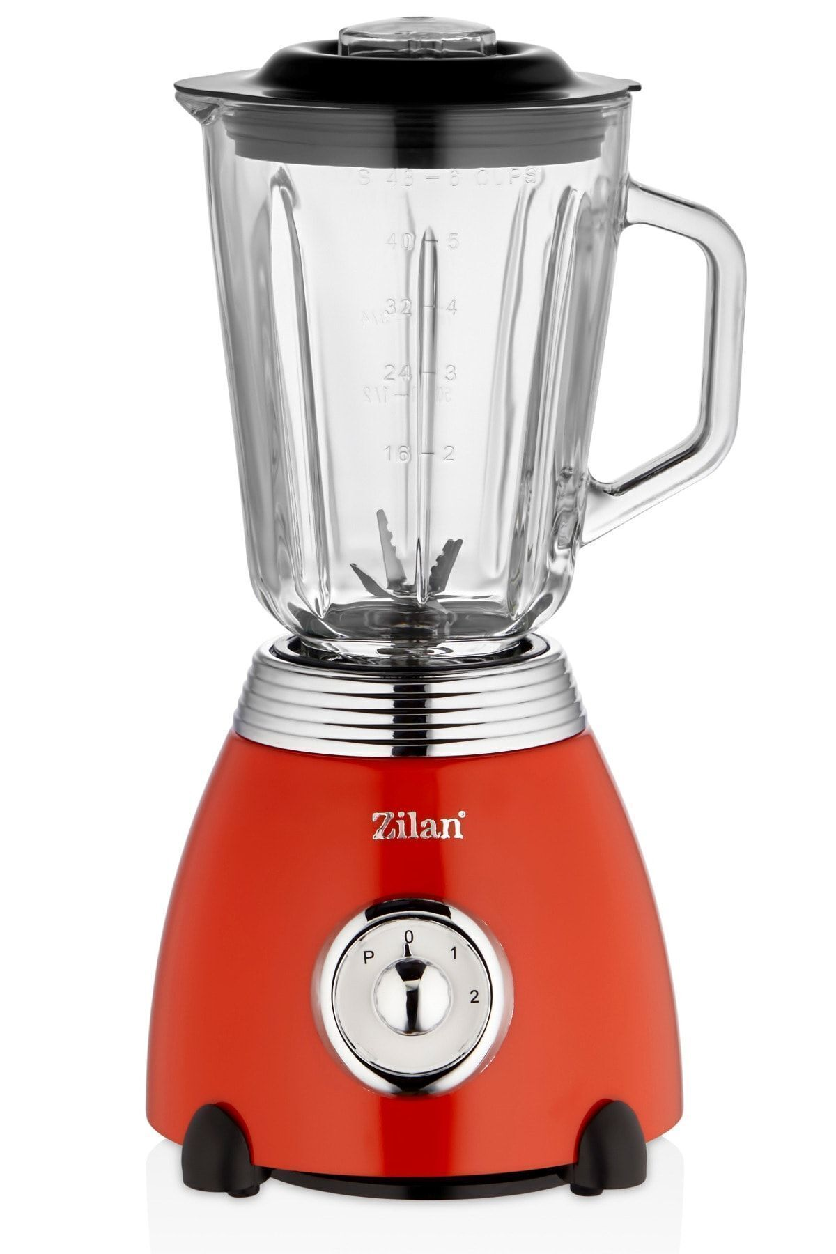 Kırmızı blender, cam sürahi, siyah kapak ve gümüş kontrol paneline sahip.