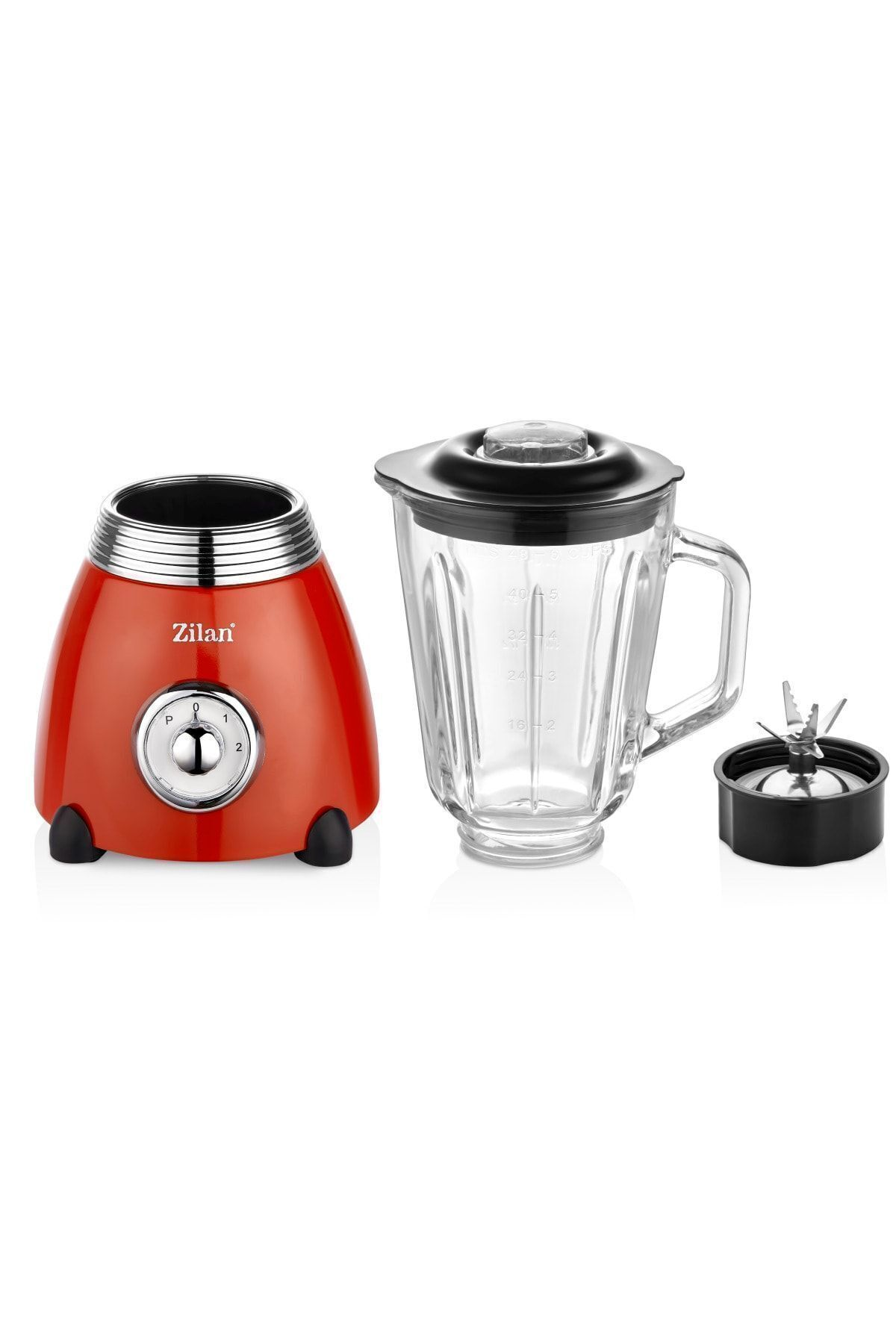 Kırmızı Zilan blender tabanı, cam hazne, kapak ve bıçak.