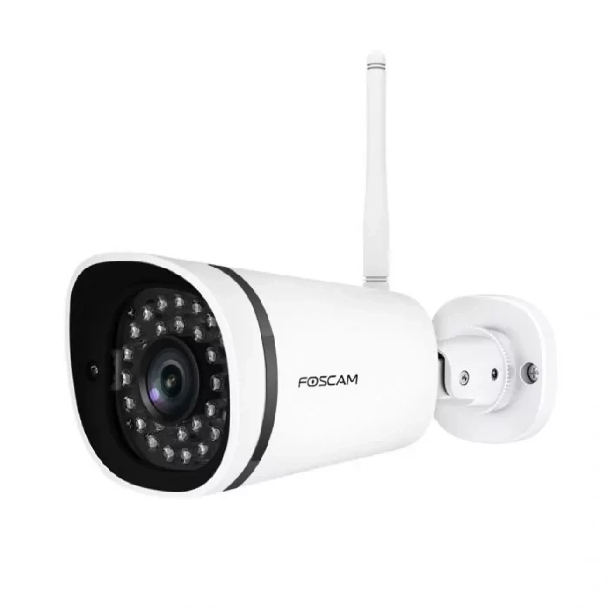 Witte beveiligingscamera met antenne en infrarood-leds.