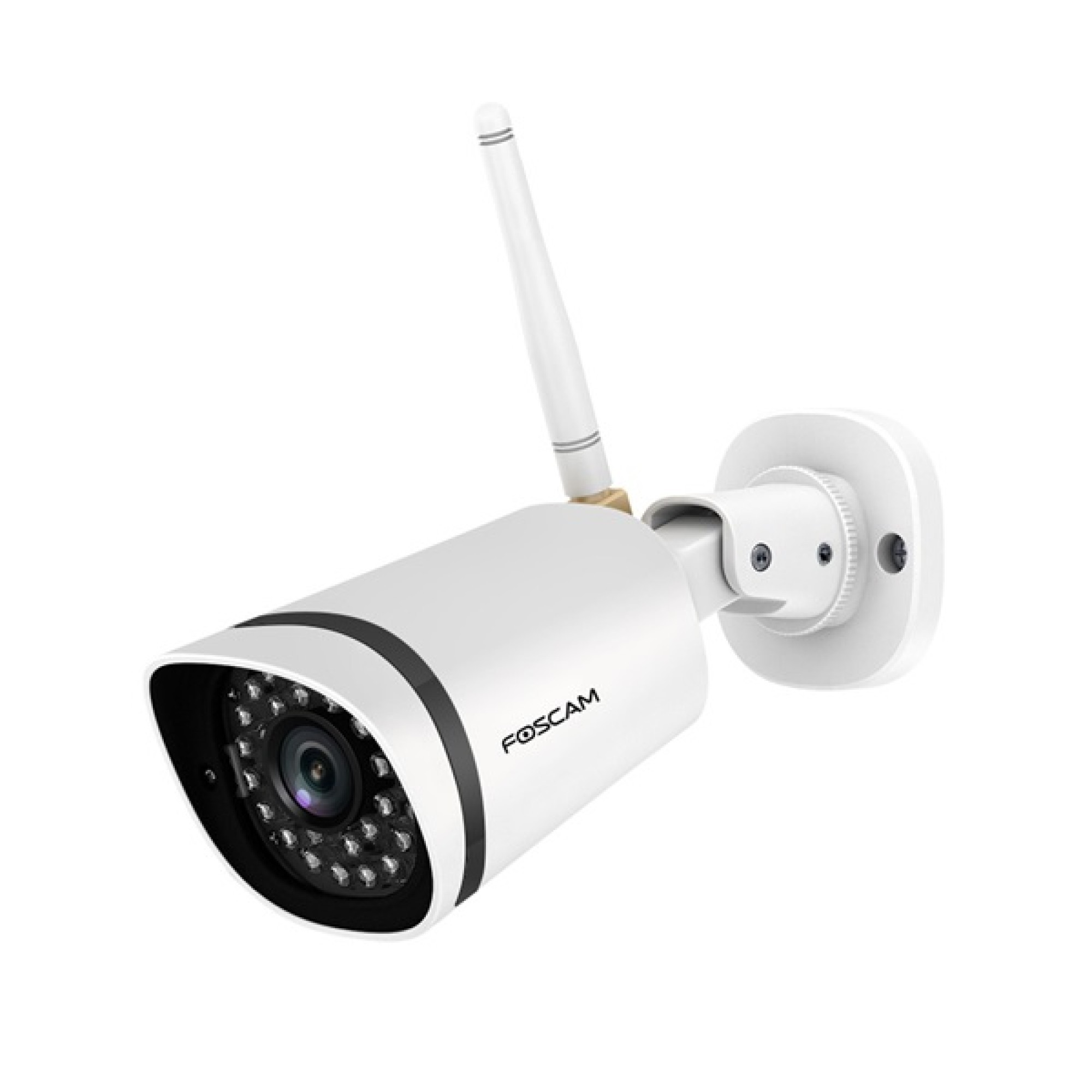 Een witte Foscam bewakingscamera met antenne en infrarood-LEDs.