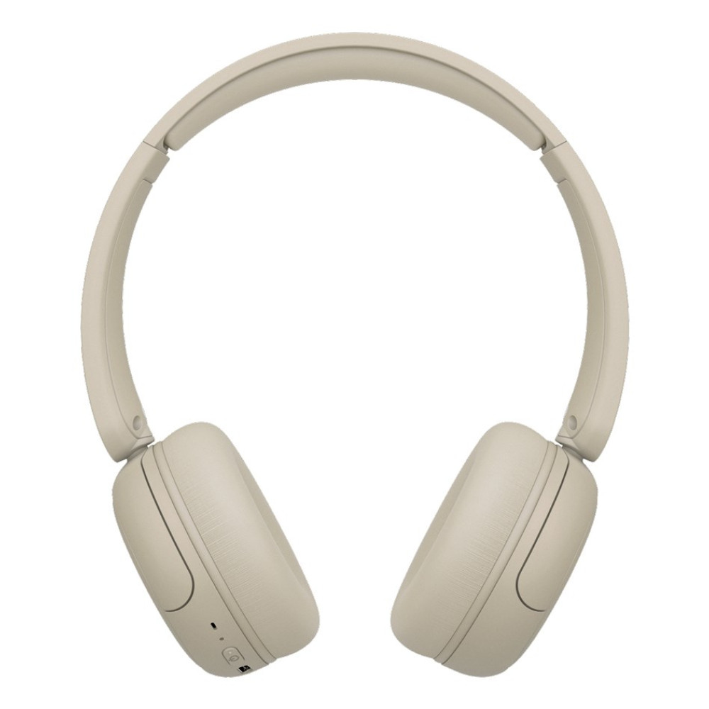 Beżowe słuchawki nauszne z pałąkiem i nausznikami, na białym tle.