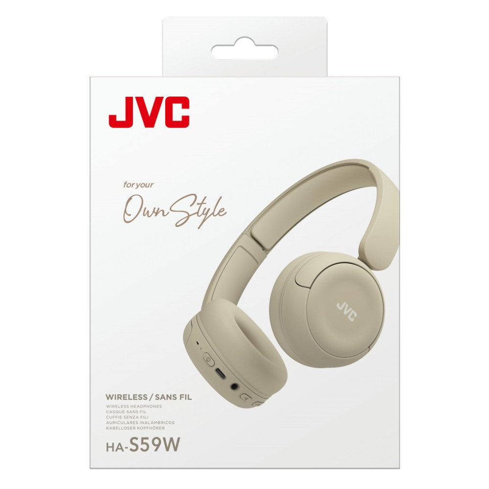 Beżowe słuchawki JVC HA-S59W z napisem 'for your Own Style'.