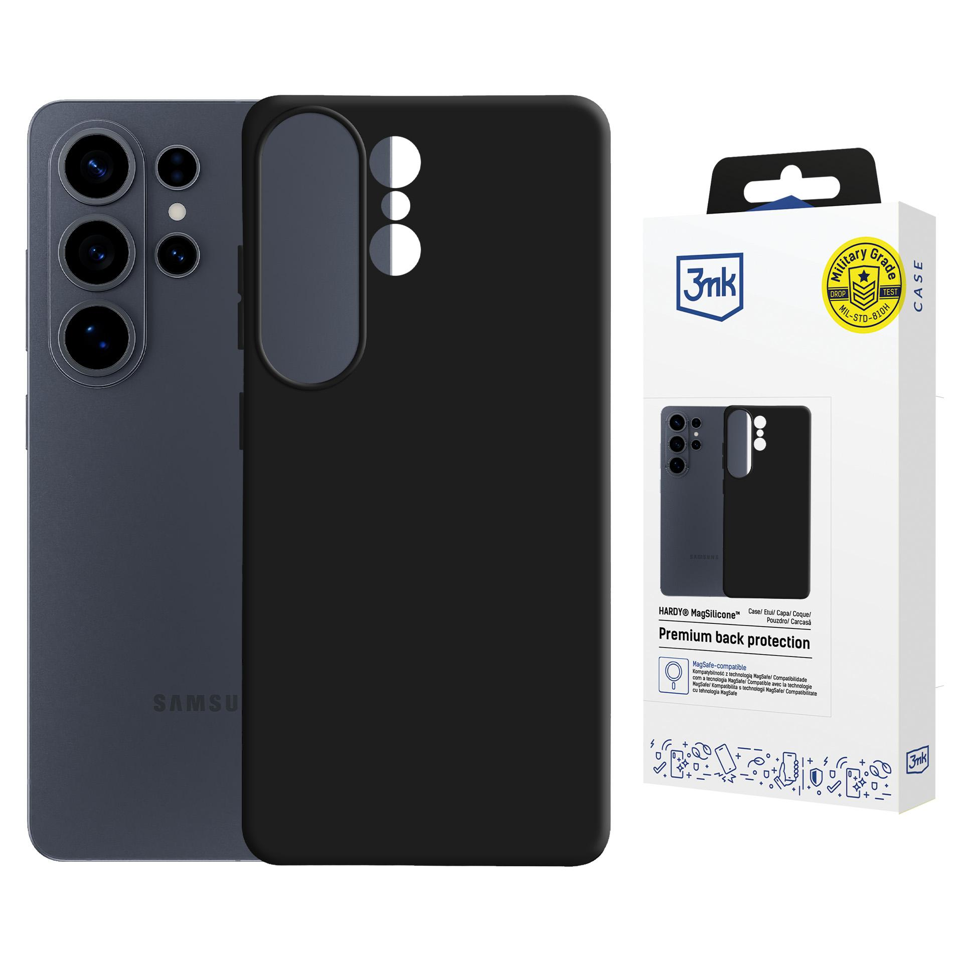 Czarna obudowa telefonu obok smartfona i opakowania produktu.