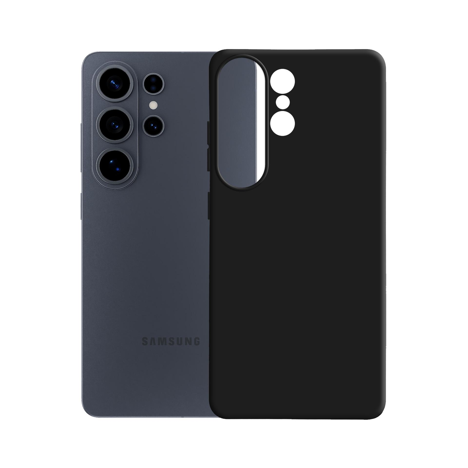 Ciemnoszary smartfon z czterema aparatami obok czarnego etui ochronnego.
