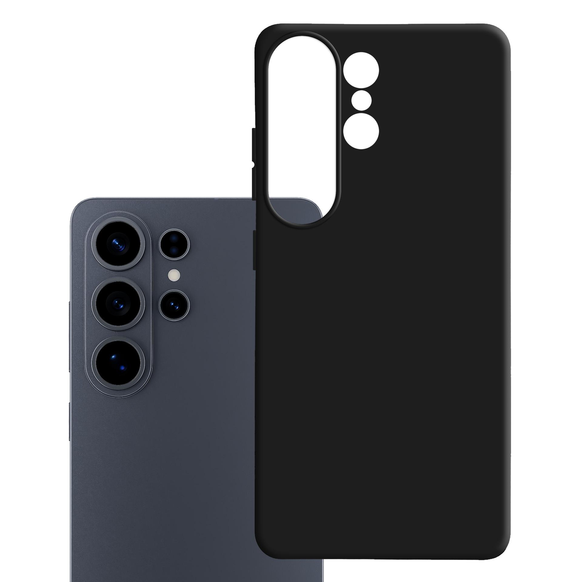 Ciemny smartfon z trzema aparatami obok czarnego etui na telefon.