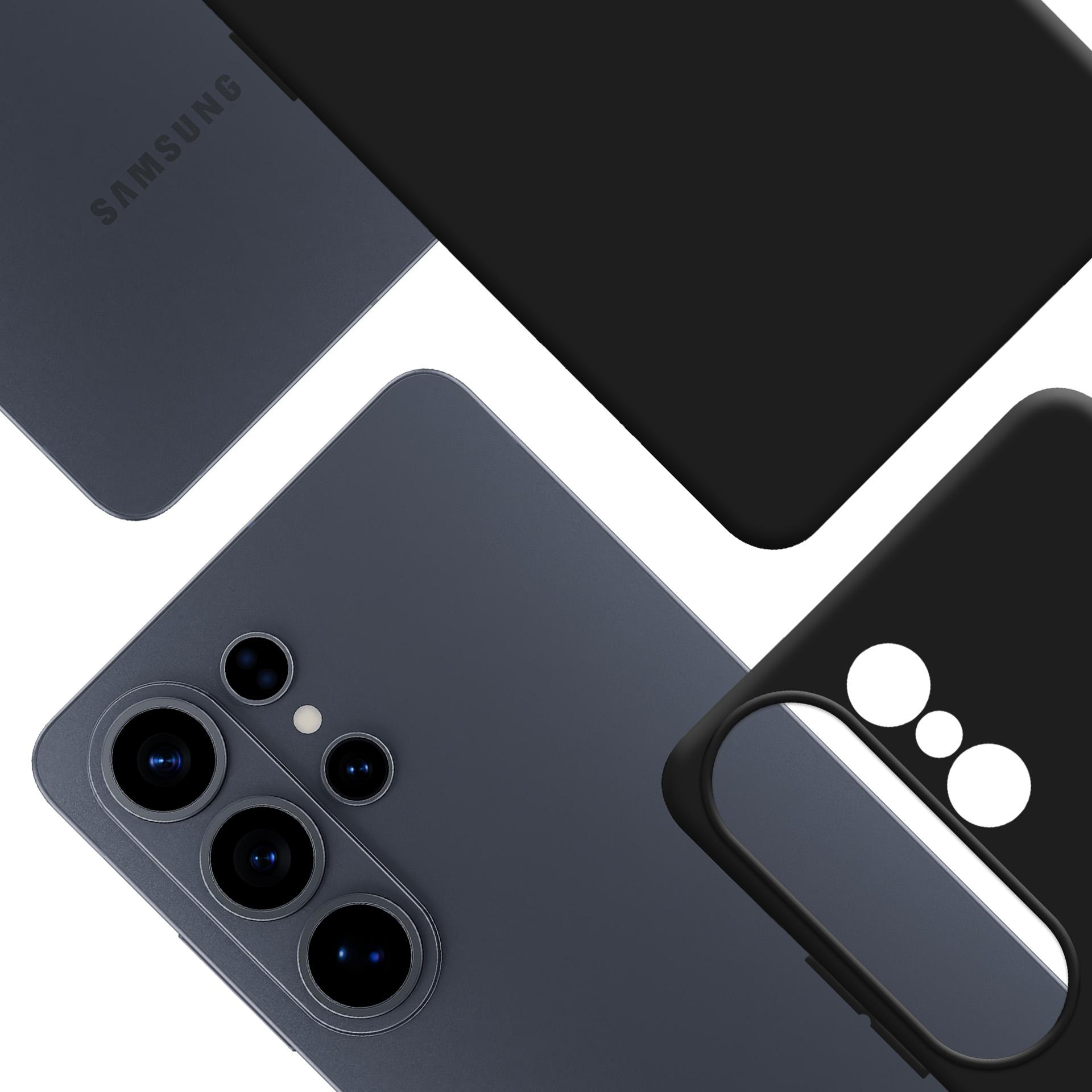 Trzy ciemne telefony Samsung i etui na białym tle.