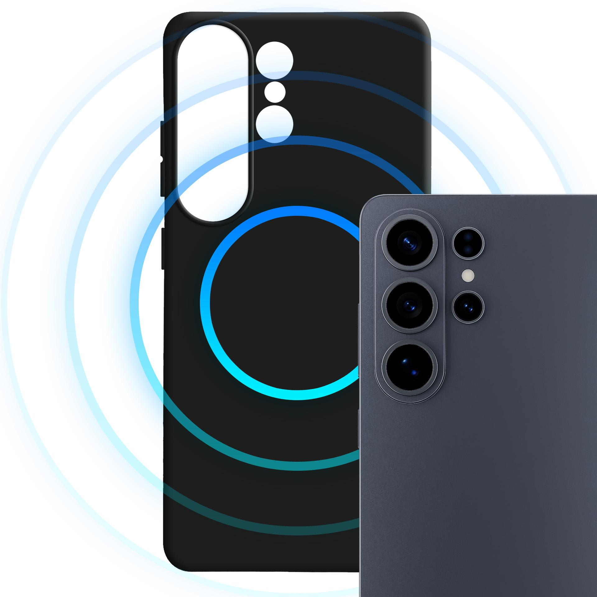 Ciemny smartfon i czarne etui na telefon z niebieskimi pierścieniami.