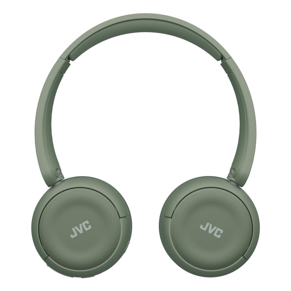 Zielone słuchawki JVC z pałąkiem i okrągłymi nausznikami na białym tle.