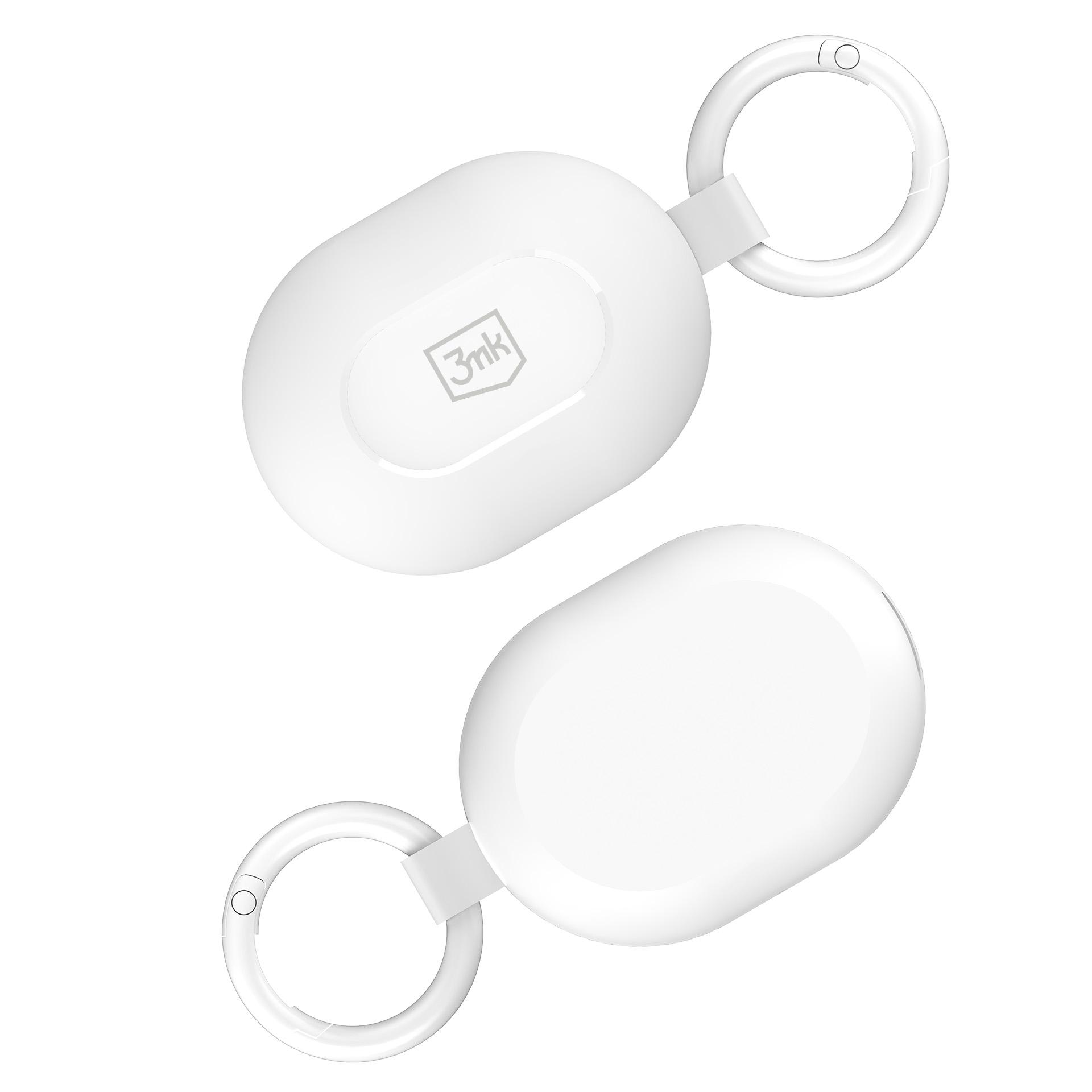 Dwa białe owalne breloki z kółkami, jeden z logo.