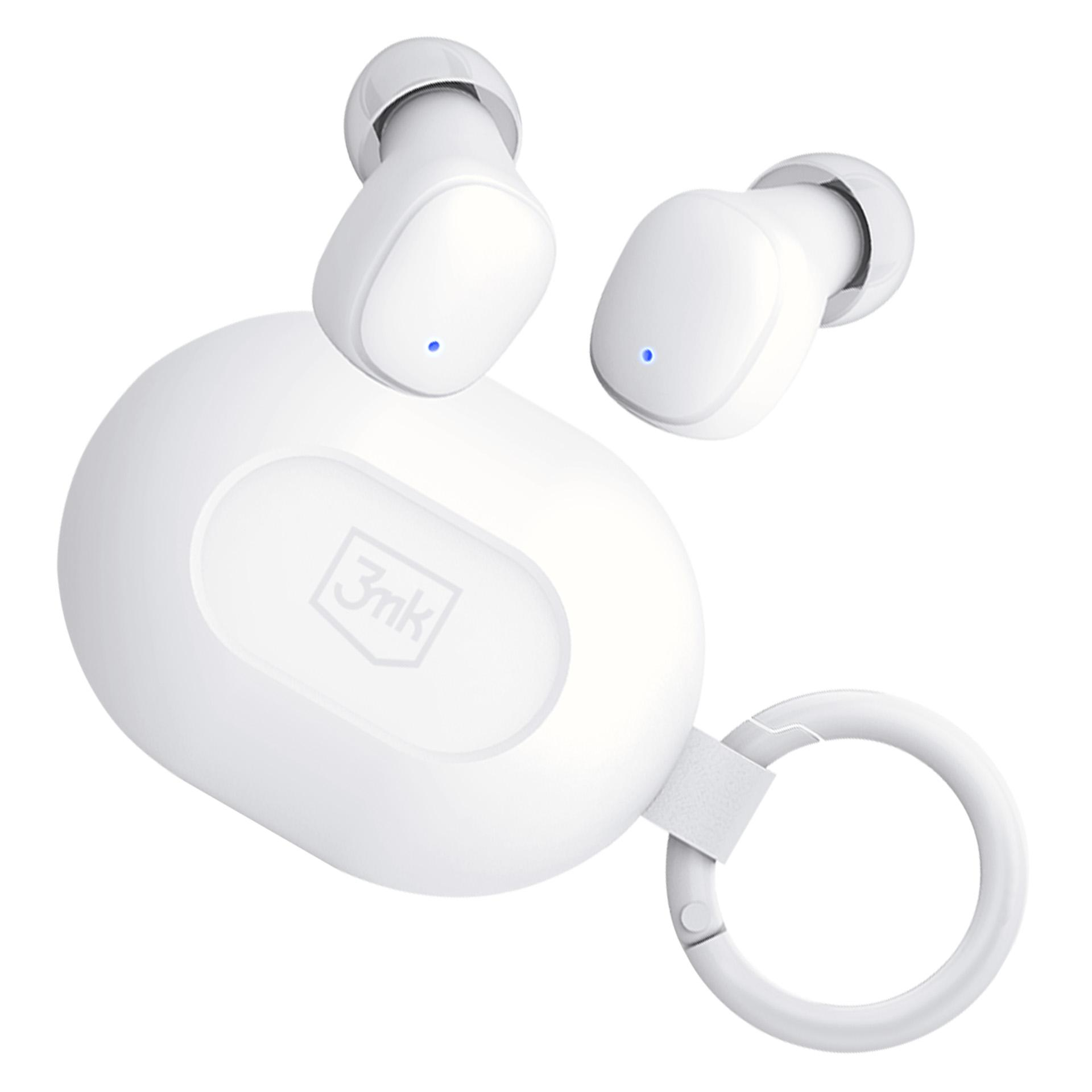 Białe słuchawki bezprzewodowe z etui ładującym i małym niebieskim światełkiem.