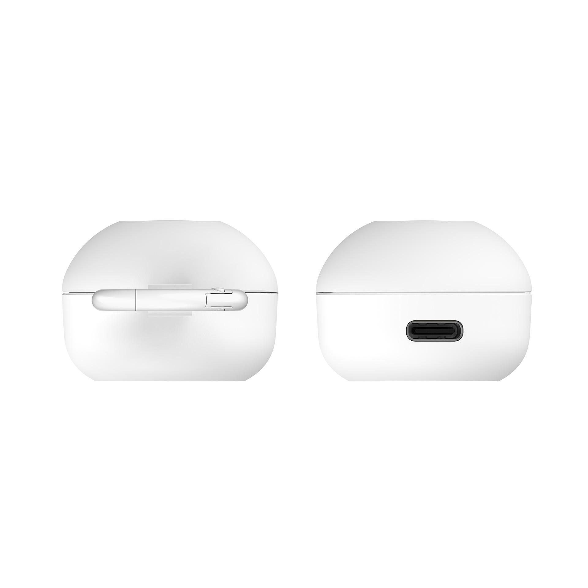 Dwa białe etui ładujące do słuchawek, pokazane od przodu i z boku.