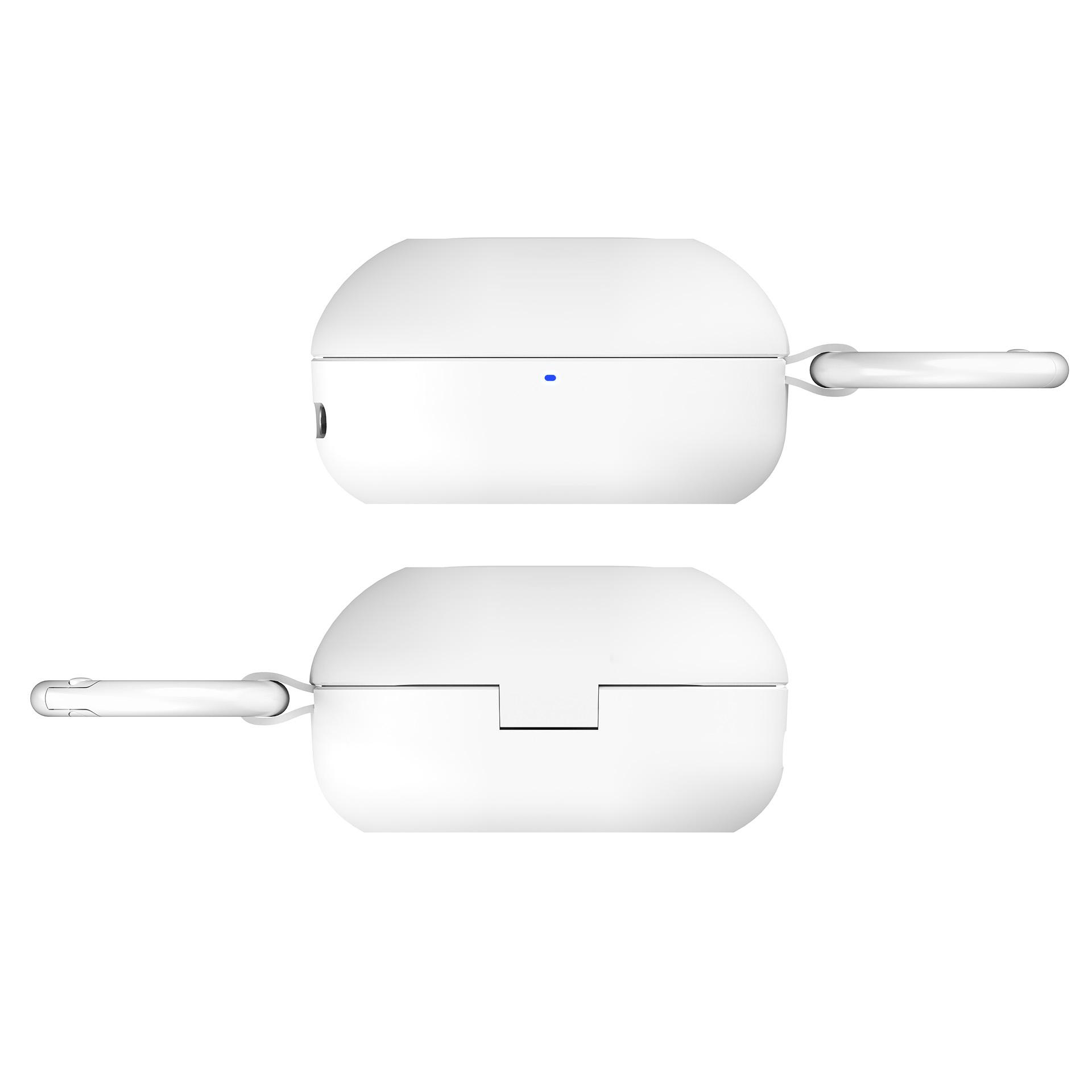 Dwa białe, zaokrąglone etui na słuchawki ze srebrnymi pierścieniami.