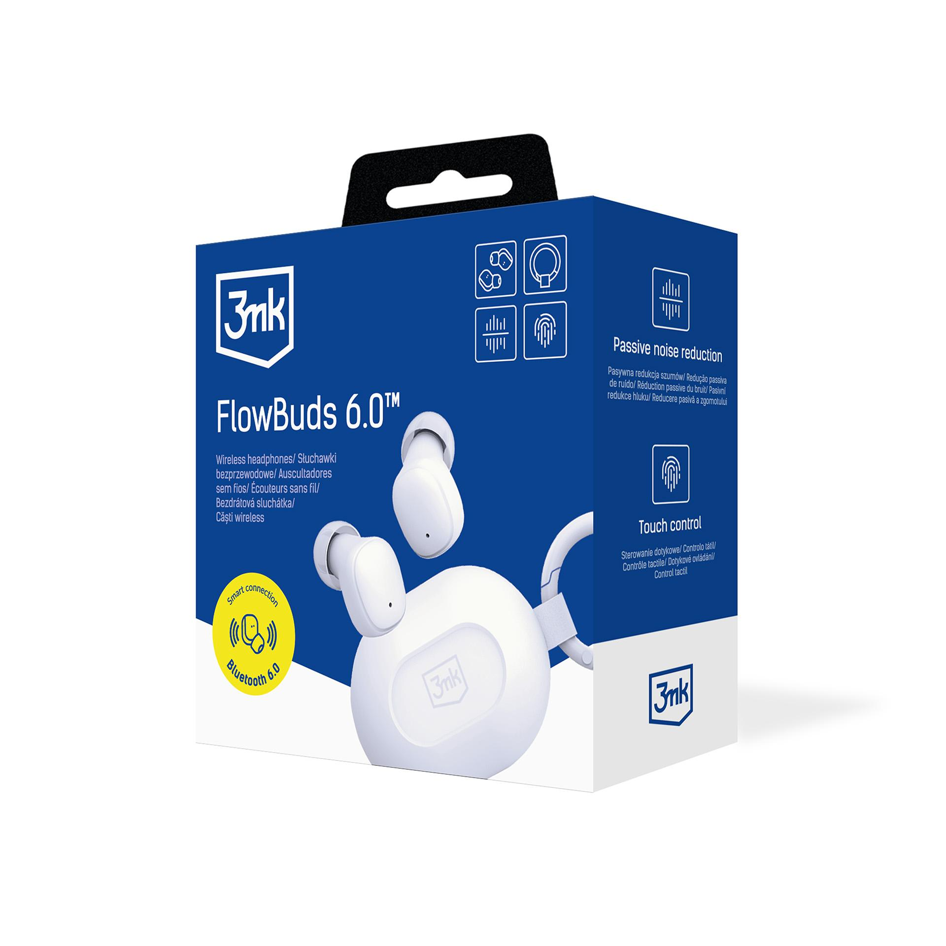 Pudełko białych słuchawek bezprzewodowych 3mk FlowBuds 6.0 z ikonami.