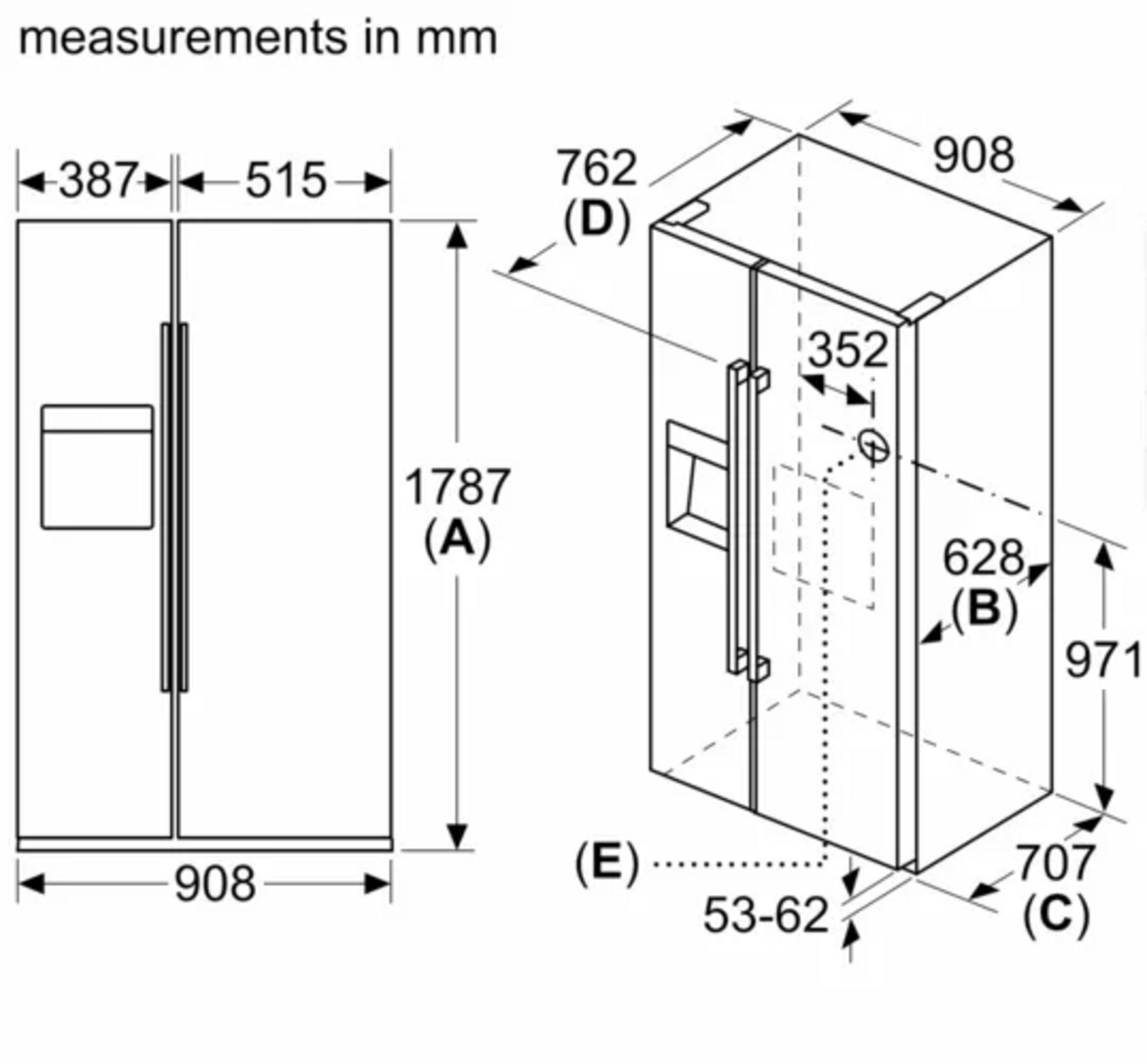 Dessin technique d'un réfrigérateur avec dimensions en mm.