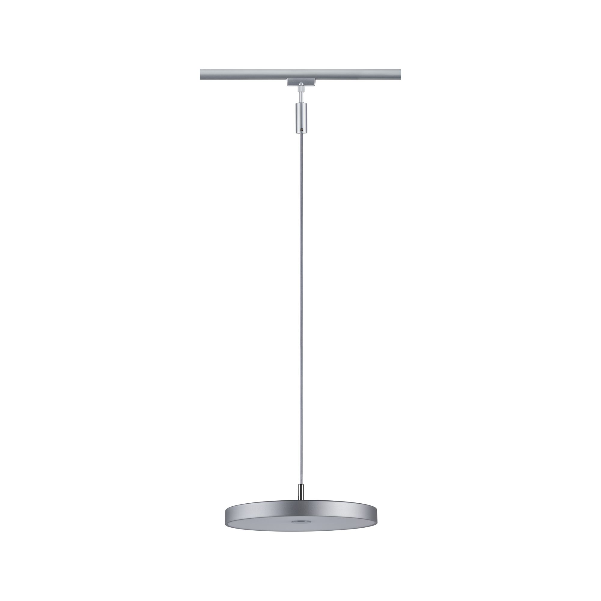 Srebrna lampa wisząca zwisa z drążka.