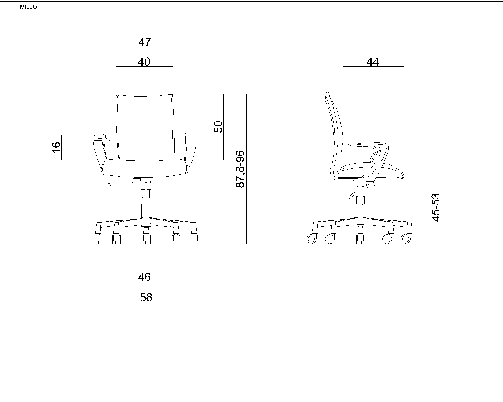 Rysunek techniczny krzesła biurowego z wymiarami.
