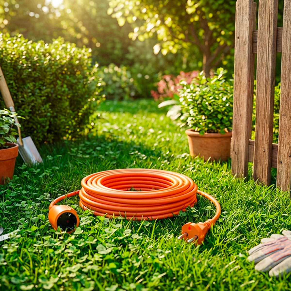 Pomarańczowy kabel przedłużający leży na zielonej trawie obok drewnianego płotu.